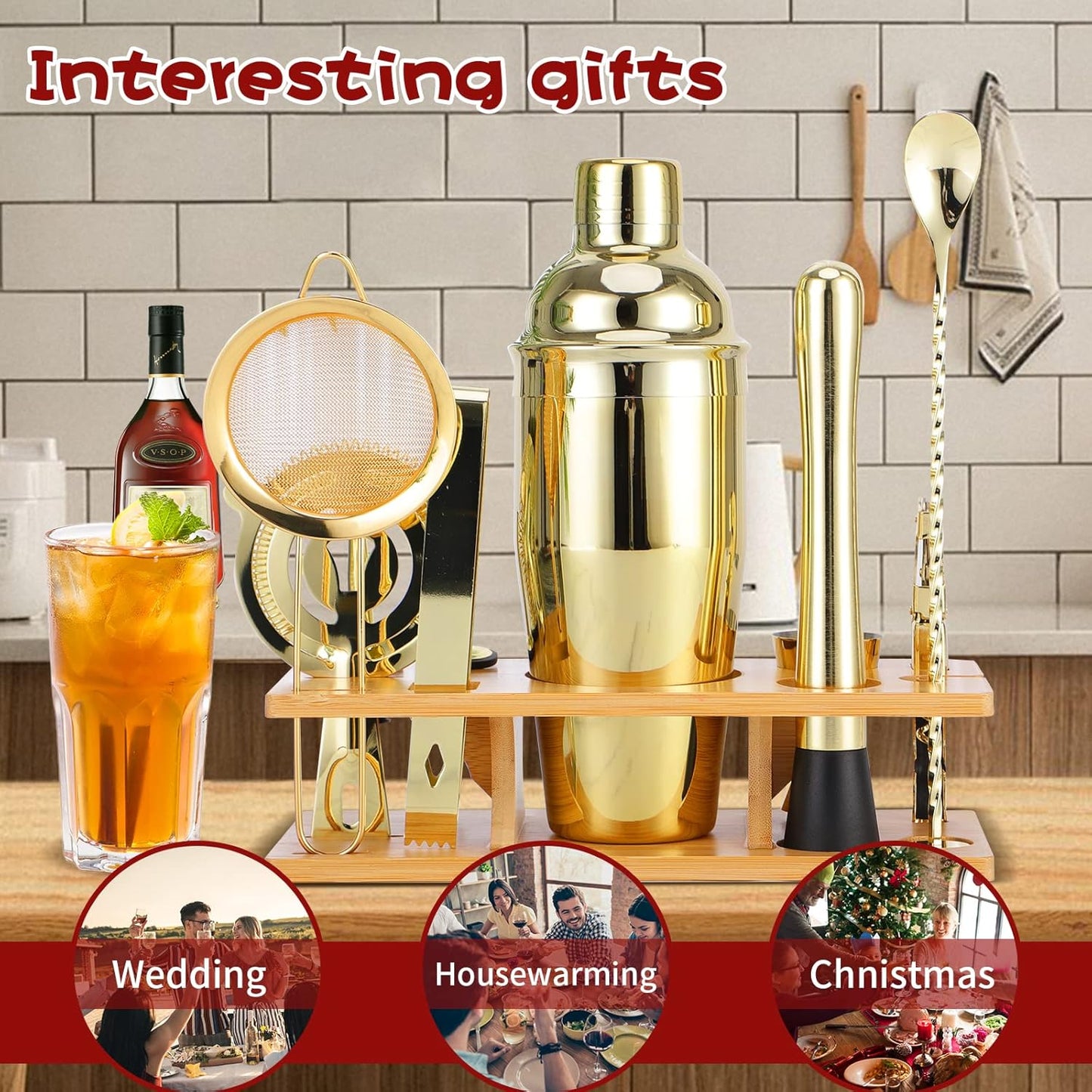 Bartender Kit 11-Piece Cocktail Shaker-Muddler for Cocktails 25oz Boston Shaker-Bar Accessories with Stylish Bamboo Stand Mix Drink Shaker kit Perfect Martini kit with Cocktail Recipes Booklet