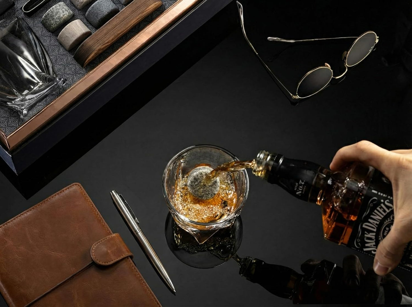 Mixology & Craft Whiskey Glass and Stone Gift Set – Two 10oz Lead-Free Crystal Glasses, 6 Chilling Stones, 2 Slate Coasters, Recipe Cards, Premium Black Case, Perfect for Celebrations, Anniversaries