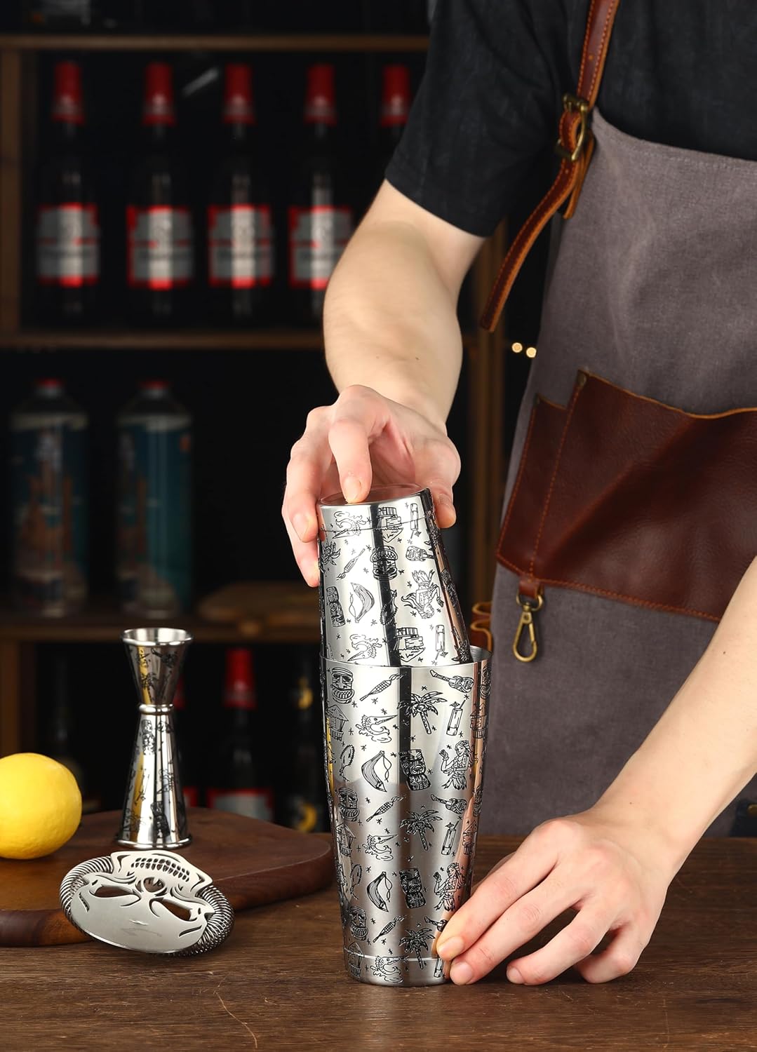 Weighted Boston Shaker Cocktail Shaker Etched with Tiki Imagery (Tiki Graphic)