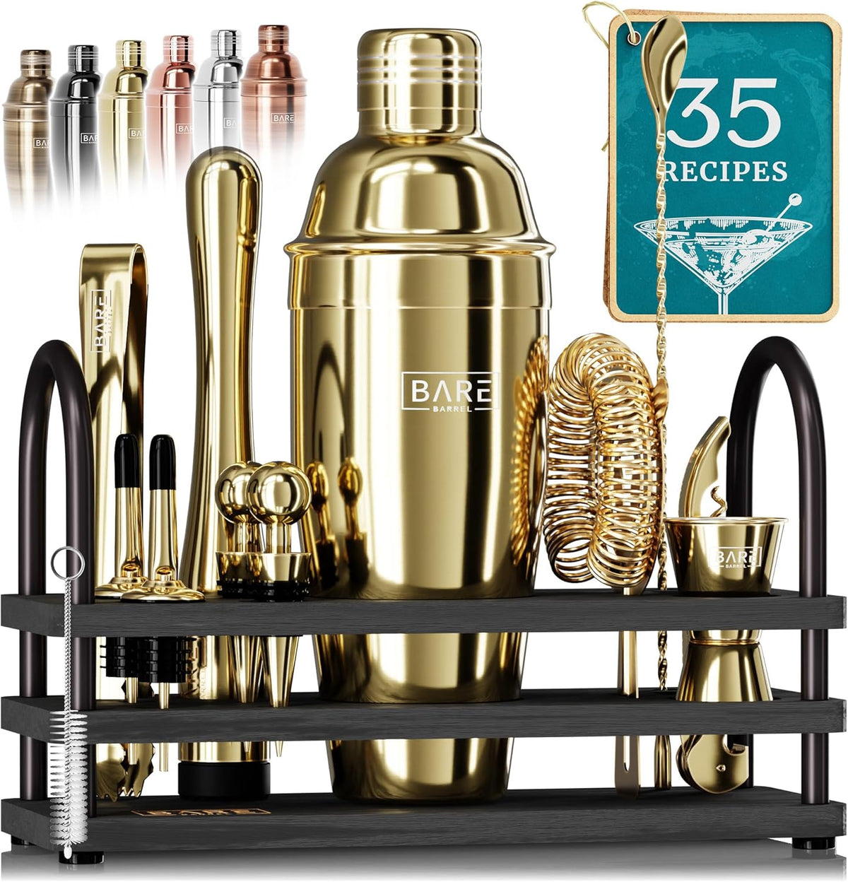 BARE BARREL® Mixology Bartender Kit Bar Set | 14-Piece Cocktail Shaker Set | Martini Barware Mixing Tools for Home Bartending | 35 Recipe Cards | Gift Set (24oz Cobbler Shaker, Gold/Black) - Gold/Black