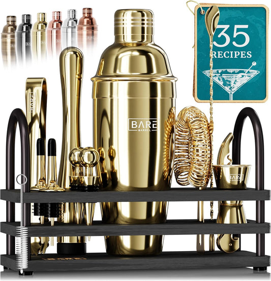 BARE BARREL® Mixology Bartender Kit Bar Set | 14-Piece Cocktail Shaker Set | Martini Barware Mixing Tools for Home Bartending | 35 Recipe Cards | Gift Set (24oz Cobbler Shaker, Gold/Black) - Gold/Black