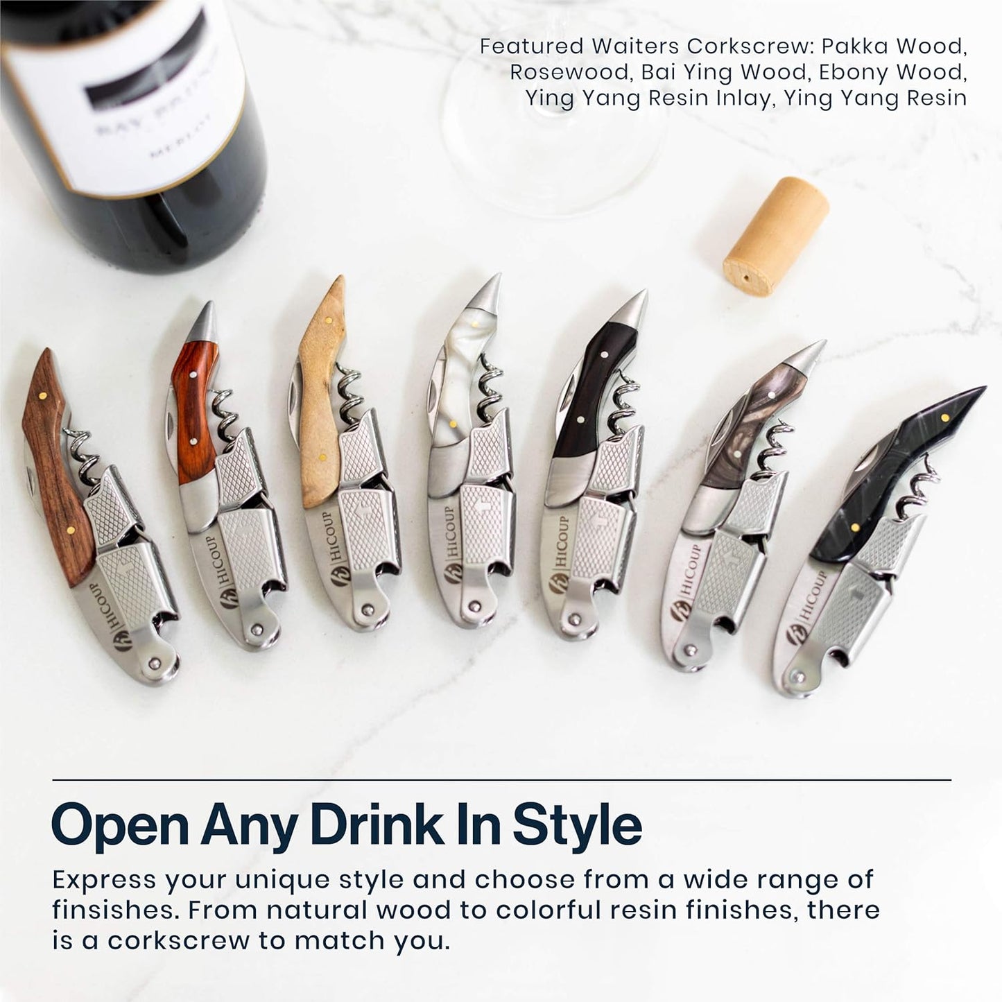 Hicoup Wine Opener - Professional Corkscrews for Wine Bottles w/Foil Cutter and Cap Remover - Manual Wine Key for Servers, Waiters, Bartenders and Home Use - Stainless Steel With Jade Resin Inlay