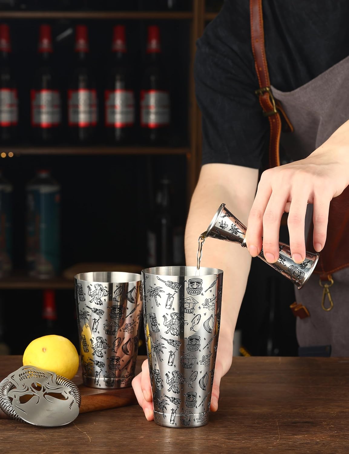 Weighted Boston Shaker Cocktail Shaker Etched with Tiki Imagery (Tiki Graphic)