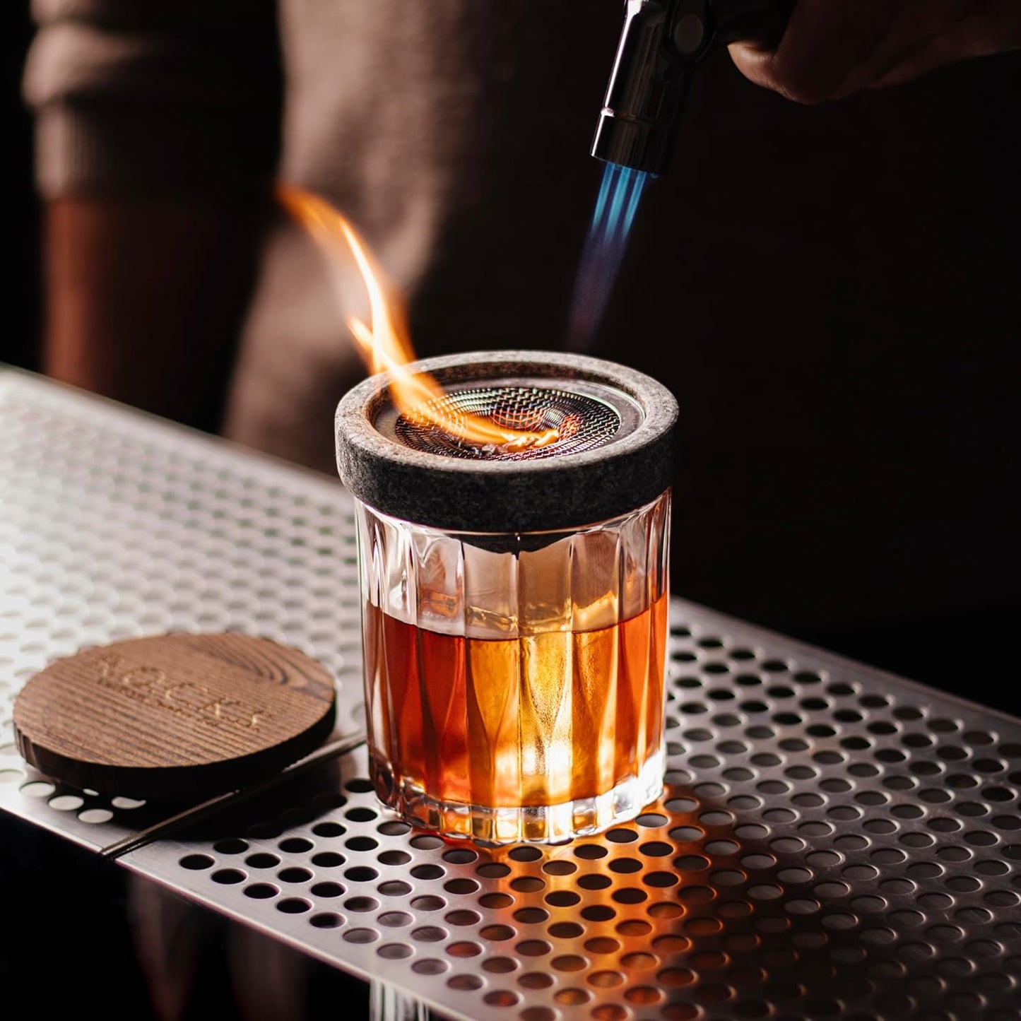 Cocktail Smoker Kit in Granite Stone with Torch - Premium Whiskey Smoker Kit for Old Fashioned & Bourbon - Infuse with 4 Flavors Wood Chips - Barware Gift Set for Whiskey Lovers (No Butane)