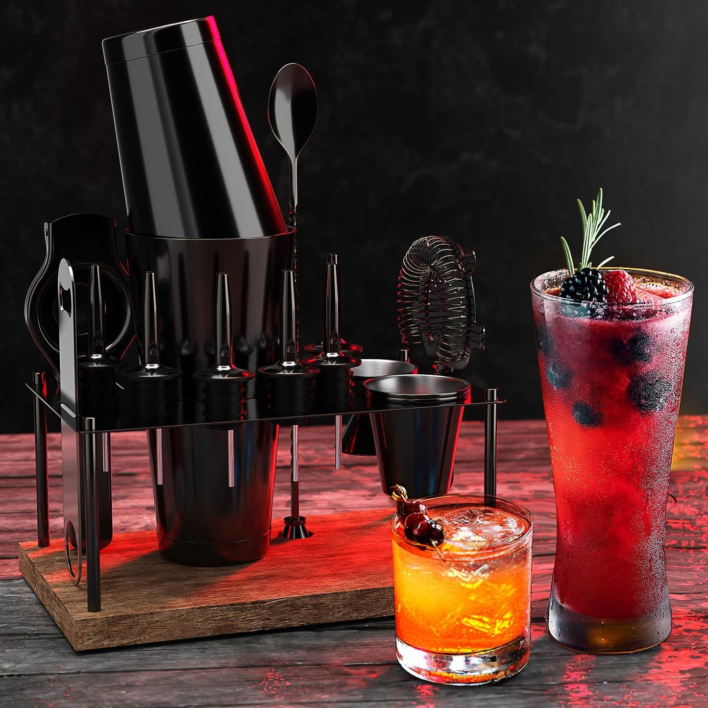 Bar Set Cocktail Shaker Set Bartender Kit, 17 Piece Black Cocktail Set, Mixology Bartender Kit with Wood Stand, Steel Cocktail Kit, Bar Accessories: 30oz Martini Shaker, Muddler, Cocktail Book & More