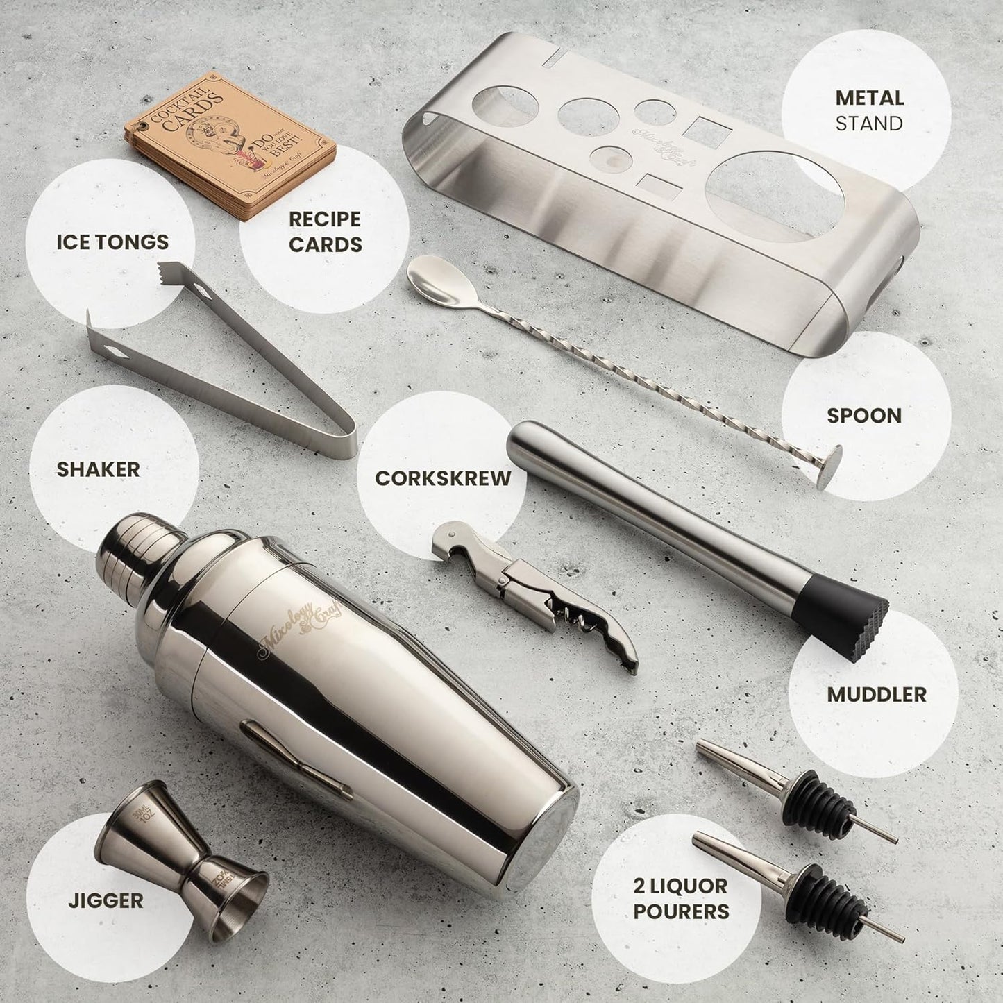 Mixology & Craft 9-Piece Cocktail Shaker Set with Sleek Metal Stand - 24oz Stainless Steel Bartender Kit - Professional Bar Tools: Built-in Strainer, Jigger, Muddler, Tongs, Spoon & Recipe Cards