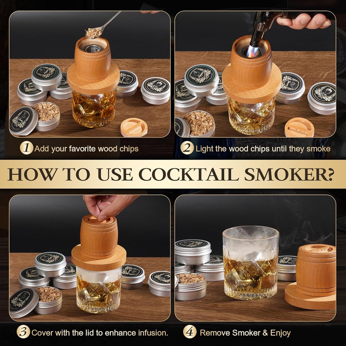 G GOOD GAIN Whiskey Smoker Kit with Torch - Old Fashioned Cocktail Smoker Kit with 6 Flavors Wood Chips | Drink Bourbon Infuser Set with 4 Stainless Steel Ice Stone for Men, Dad (No Fuel Included)