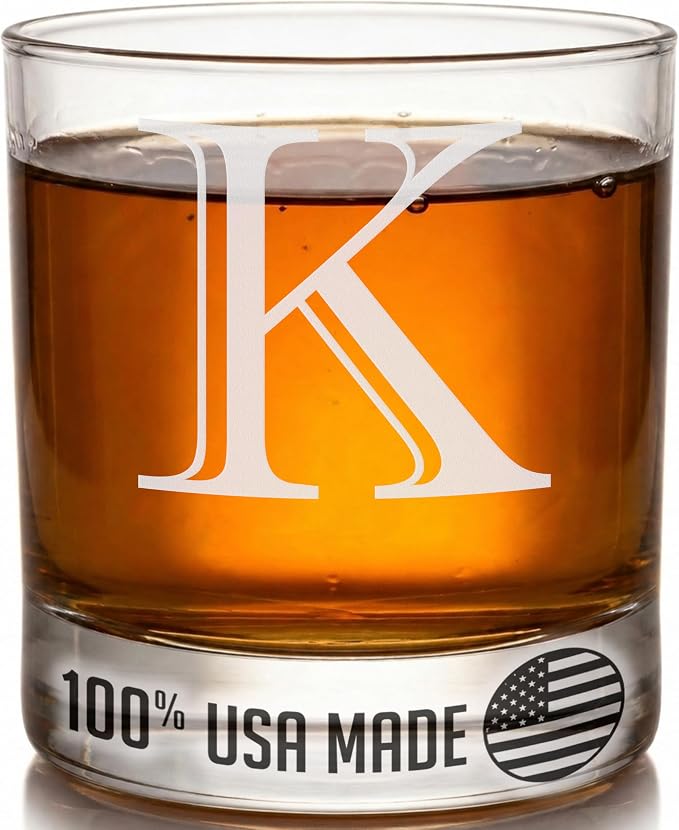 Etched Monogram 11oz Whiskey Rocks Glass (Letter J), A-Z Customized Bourbon Gifts for Men, Father’s Day, Personalized Old Fashioned Scotch Glass, Custom Engraved Gifts for Him, Initial, Name - Clear Etch K
