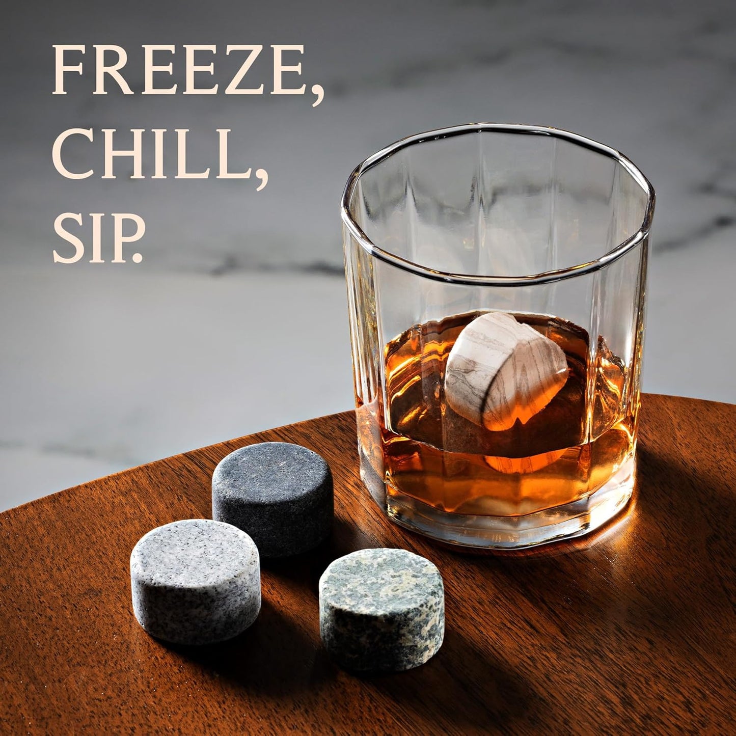 Mixology & Craft Whiskey Stones Set - 6 Circular Granite Bourbon Chilling Rocks - Great Whiskey Gifts for Men, Fathers, Groomsmen Gifts