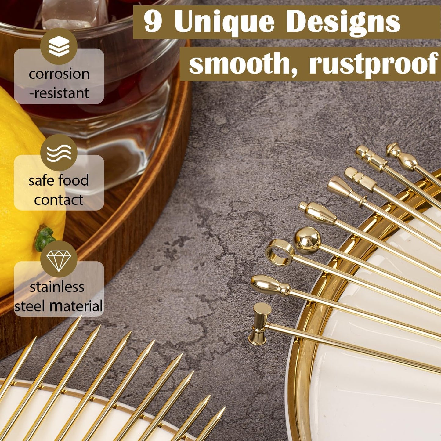 Metal Martini Cocktail Picks Gold, Skewers for Olive 4.2 in to 4.38 in, Stainless Steel Drinks Garnish Sticks, Reusable Toothpicks for Appetizers, Gift for Mother, Home Bar Accessories - 9 Pcs