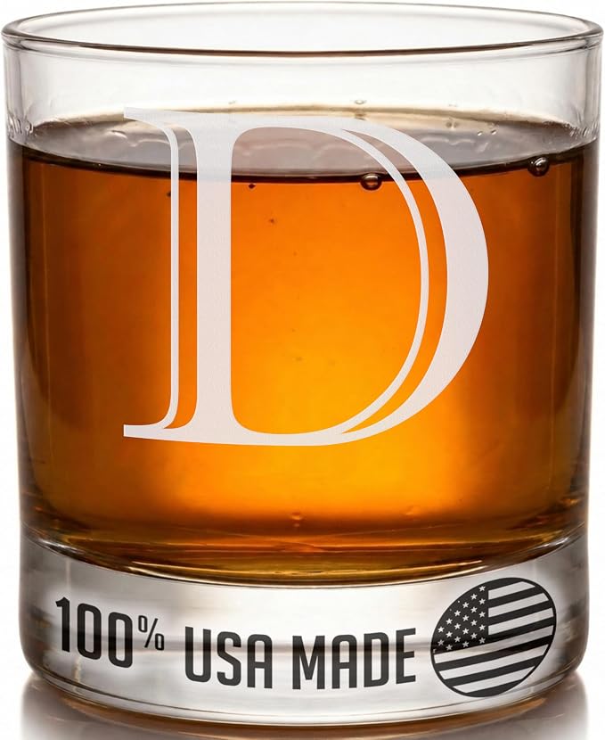 Etched Monogram 11oz Whiskey Rocks Glass (Letter J), A-Z Customized Bourbon Gifts for Men, Father’s Day, Personalized Old Fashioned Scotch Glass, Custom Engraved Gifts for Him, Initial, Name - Clear Etch D