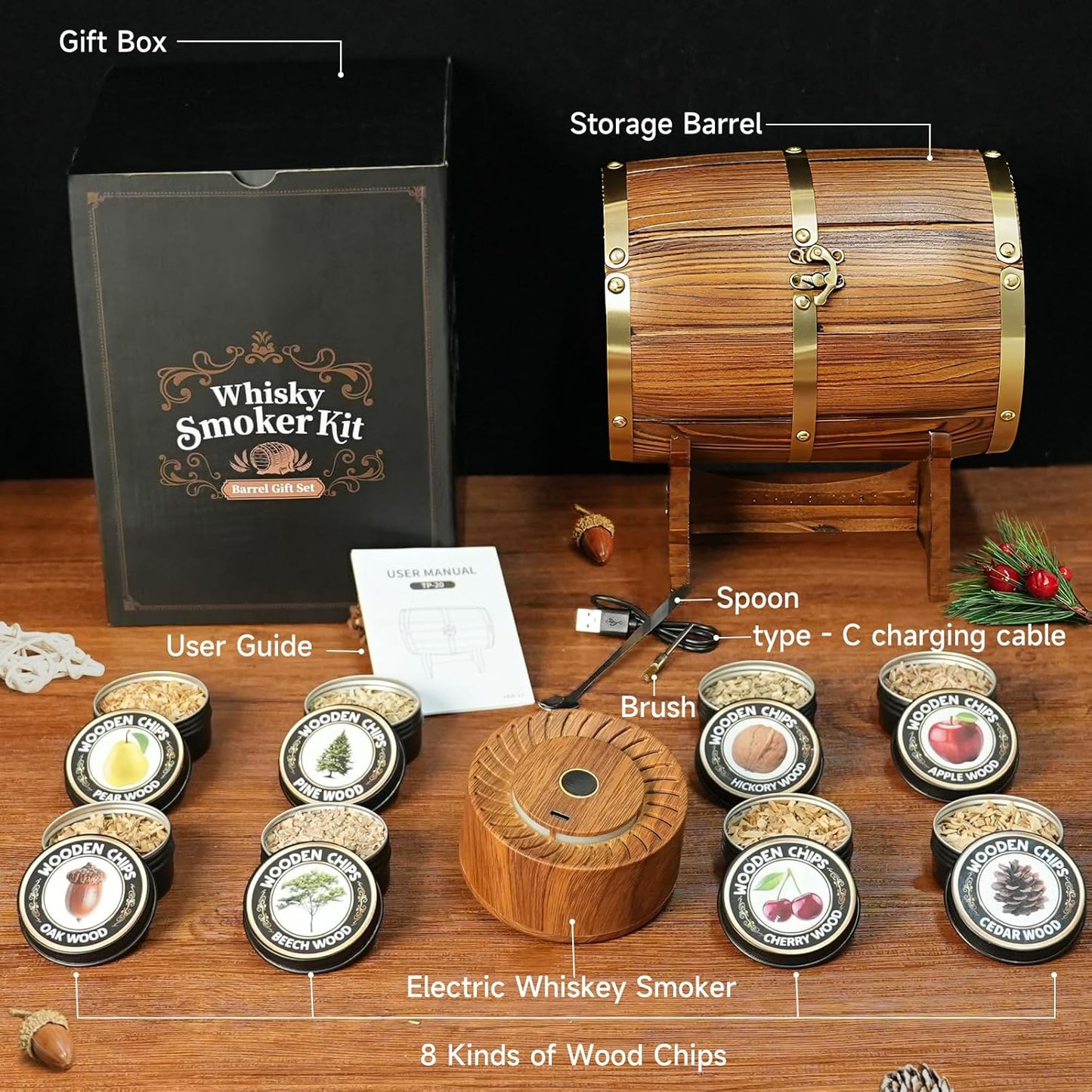 Whiskey Smoker Kit - Electric Cocktail Smoker with Wooden Barrel Case and 8 Flavors Wood Chips, Old Fashioned Smoker Kit Bourbon Gifts for Men