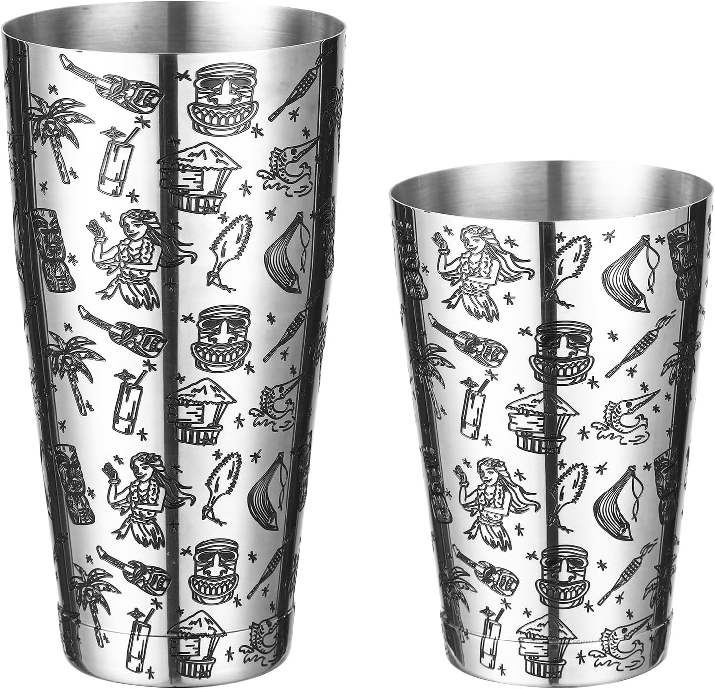 Weighted Boston Shaker Cocktail Shaker Etched with Tiki Imagery (Tiki Graphic)