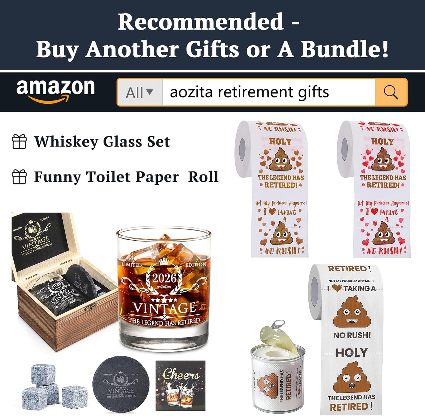 Retirement Gifts for Men Whiskey Glass Set - The Legend Has Retired 2026 - Retirement Party Decorations, Supplies - Gifts Ideas for Him, Dad, Husband, Friends - Wood Box & Whiskey Stones & Coaster