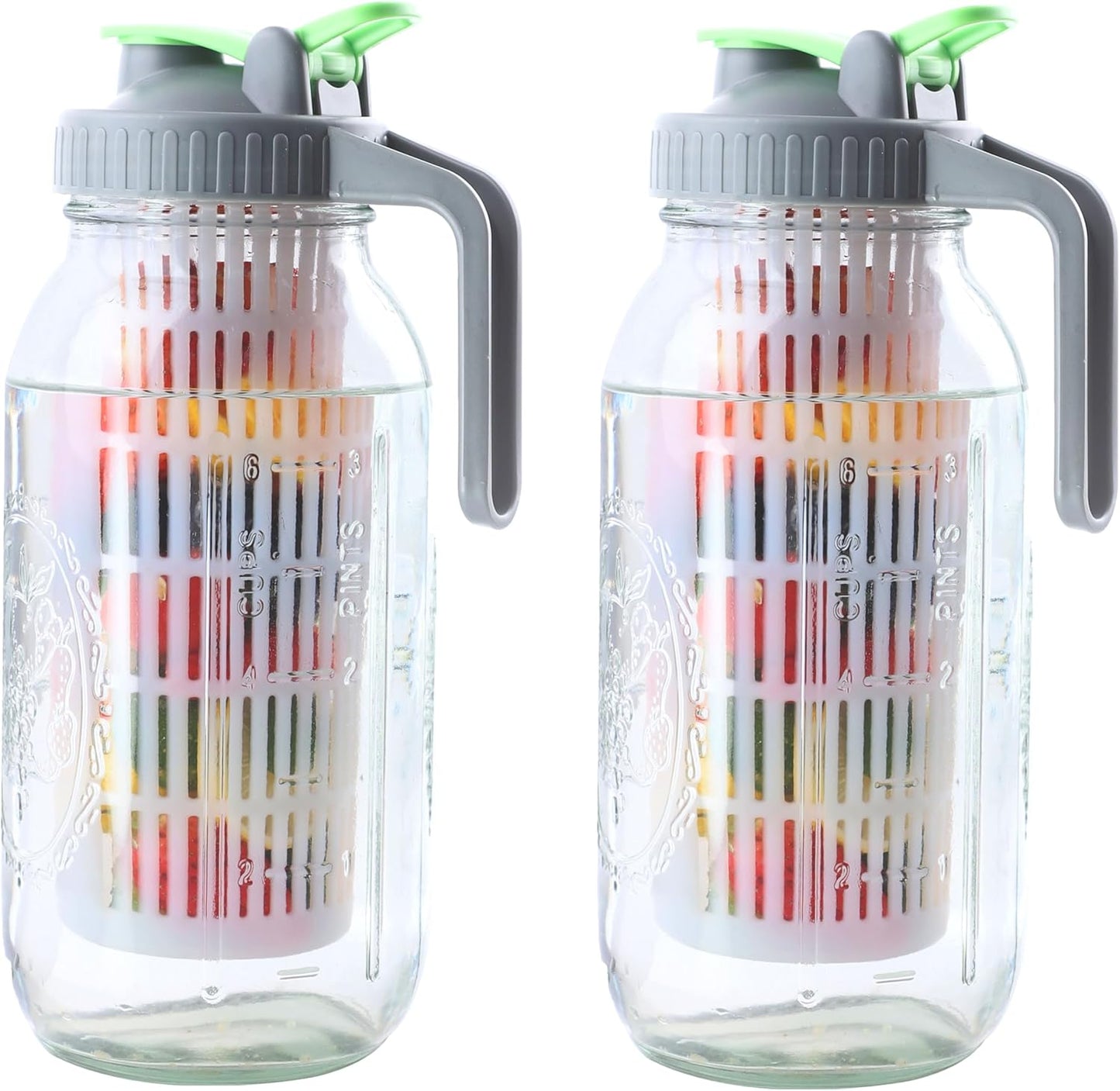 Glass Mason Jar Water Fruit Infuser Pitcher With Lid 64 Oz Wide Mouth Tea Infused Pitchers 2 Quart Sun Tea Jar For Outside Half Gallon Iced Coffee Tea Lemonade Juice Homemade Drinks Container- 2 Set