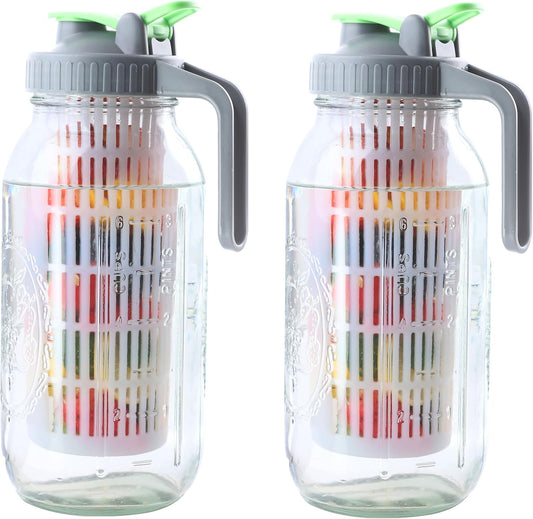 Glass Mason Jar Water Fruit Infuser Pitcher With Lid 64 Oz Wide Mouth Tea Infused Pitchers 2 Quart Sun Tea Jar For Outside Half Gallon Iced Coffee Tea Lemonade Juice Homemade Drinks Container- 2 Set