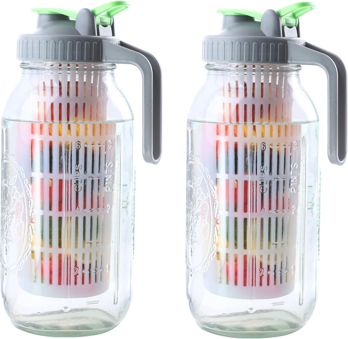 GMCOZY 2 Quart Glass Mason Jar Water Pitcher With Fruit Infuser 64 Oz Wide Mouth Infused Cold Hot Water Jug Carafe With Lid Half Gallon For Coffee Sun Tea Lemonade Juice Homemade Drinks Container - 64 oz (2-Pack)