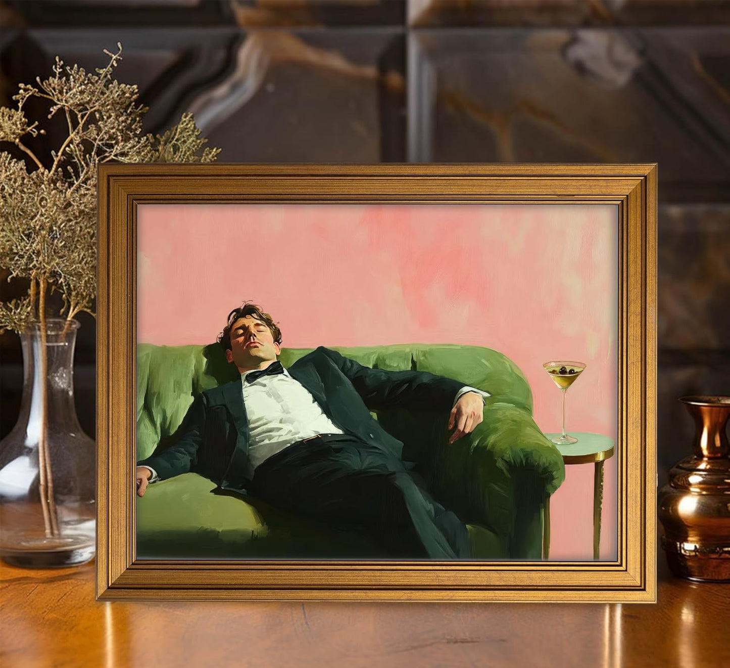 Vintage Gold Framed Bar Wall Art, Victorian Woman and Man on Couch with Martini Oil Painting Canvas Prints, Eclectic Cocktail Picture, Trendy Bar Cart Decor Poster Artwork for Kitchen Dining Room
