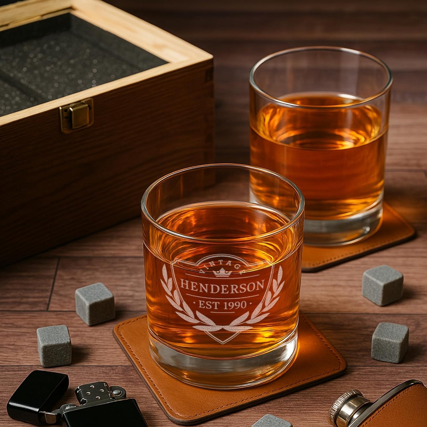 Personalized Vintage Birthday Whiskey Gifts for Men - 11 oz Engraved Bourbon Glass - Set of 2 Vintage Whiskey Cup in Wooden Box - 4 Designs Custom Scotch Glass Gift For Him (Vintage)