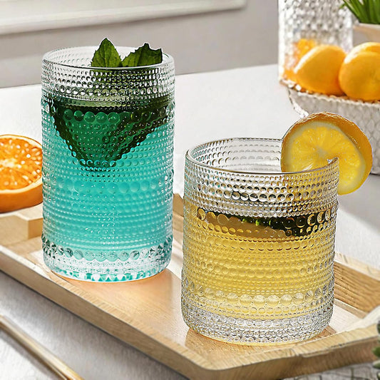 Vintage Hobnail Driinking Glasses Set, Glassware Drinking Set of 8, 12 oz Highball Glasses & 10 oz Cocktail Glasses, Tumbler Glasses for Cocktails, Whiskey, Juice, Milk, Clear