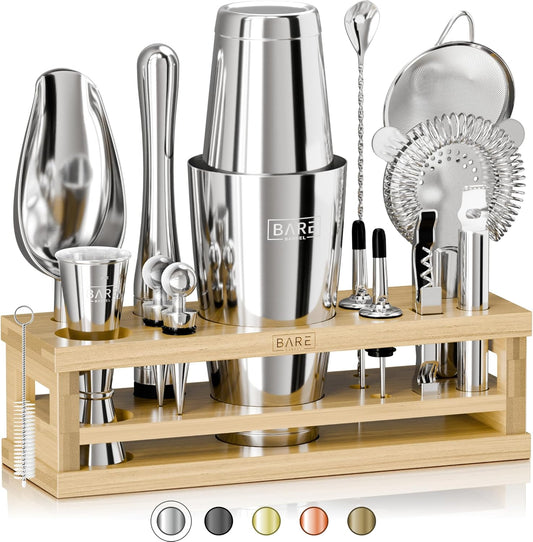 BARE BARREL® Mixology Bartender Kit Bar Set | 16-Piece Cocktail Shaker Set | Martini Barware Mixing Tools for Home Bartending | Incl. 35 Recipe Cards | Gift Set (28oz Boston Shaker, Silver/Natural) - Silver/Natural