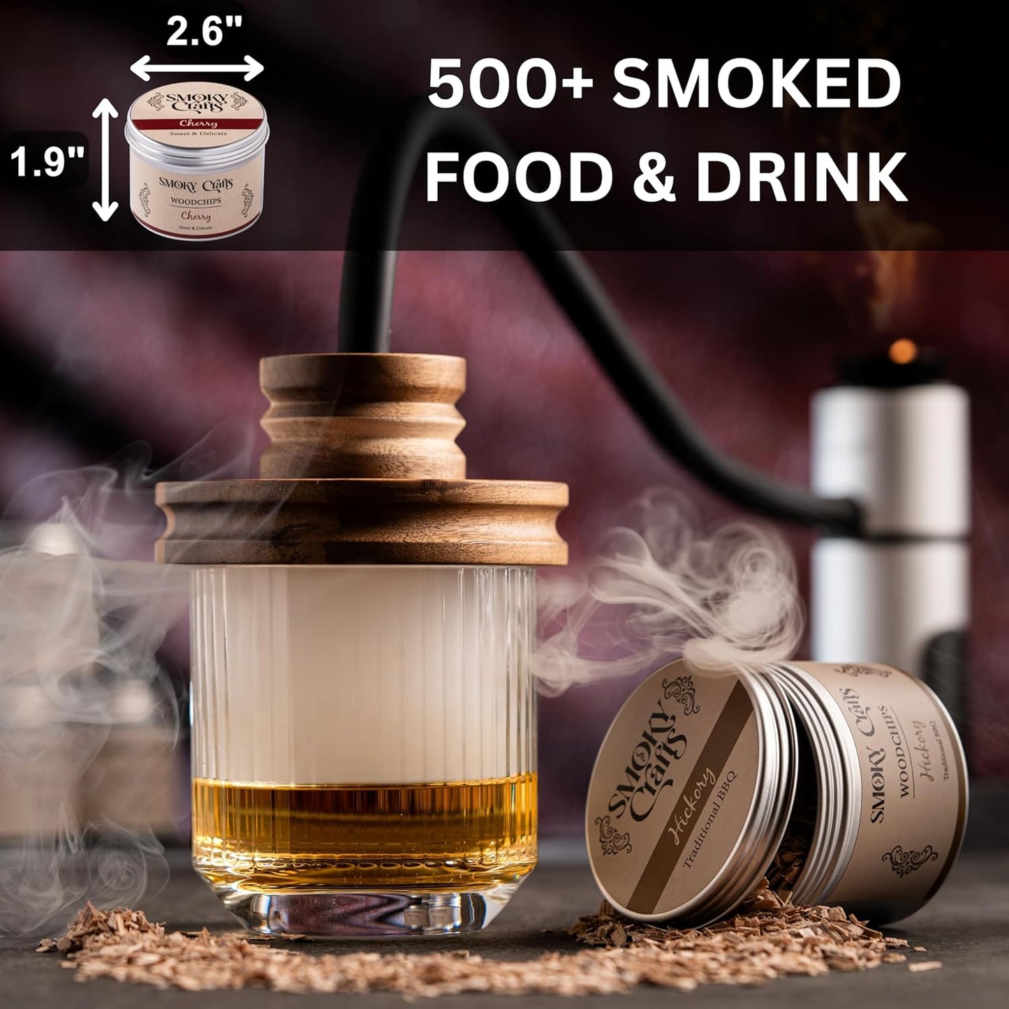 Smoky Crafts 5 x 2oz Wood Chips for Cocktail Smoker (Set of 5: Cherry, Hickory, Apple, Mesquite, Walnut) - 5 Flavors of Smoking Gun Wood Chips - Whiskey Gifts for Men