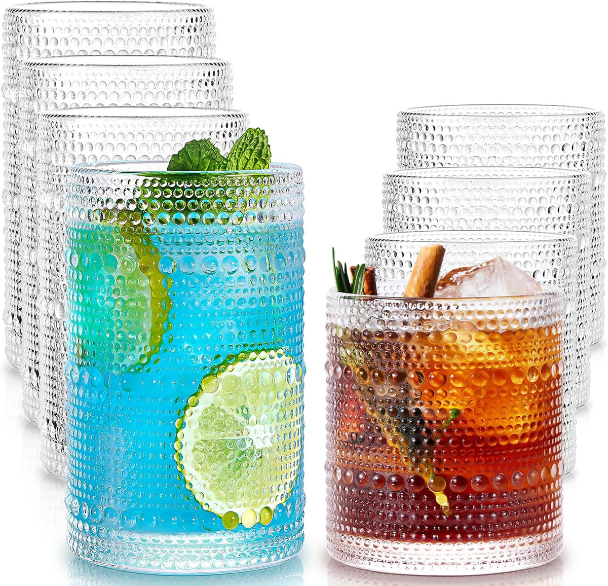 Ribbed Drinking Glasses Cups Set of 8 Large Capacity Highball 17oz&12oz - 15oz-12oz-set 8
