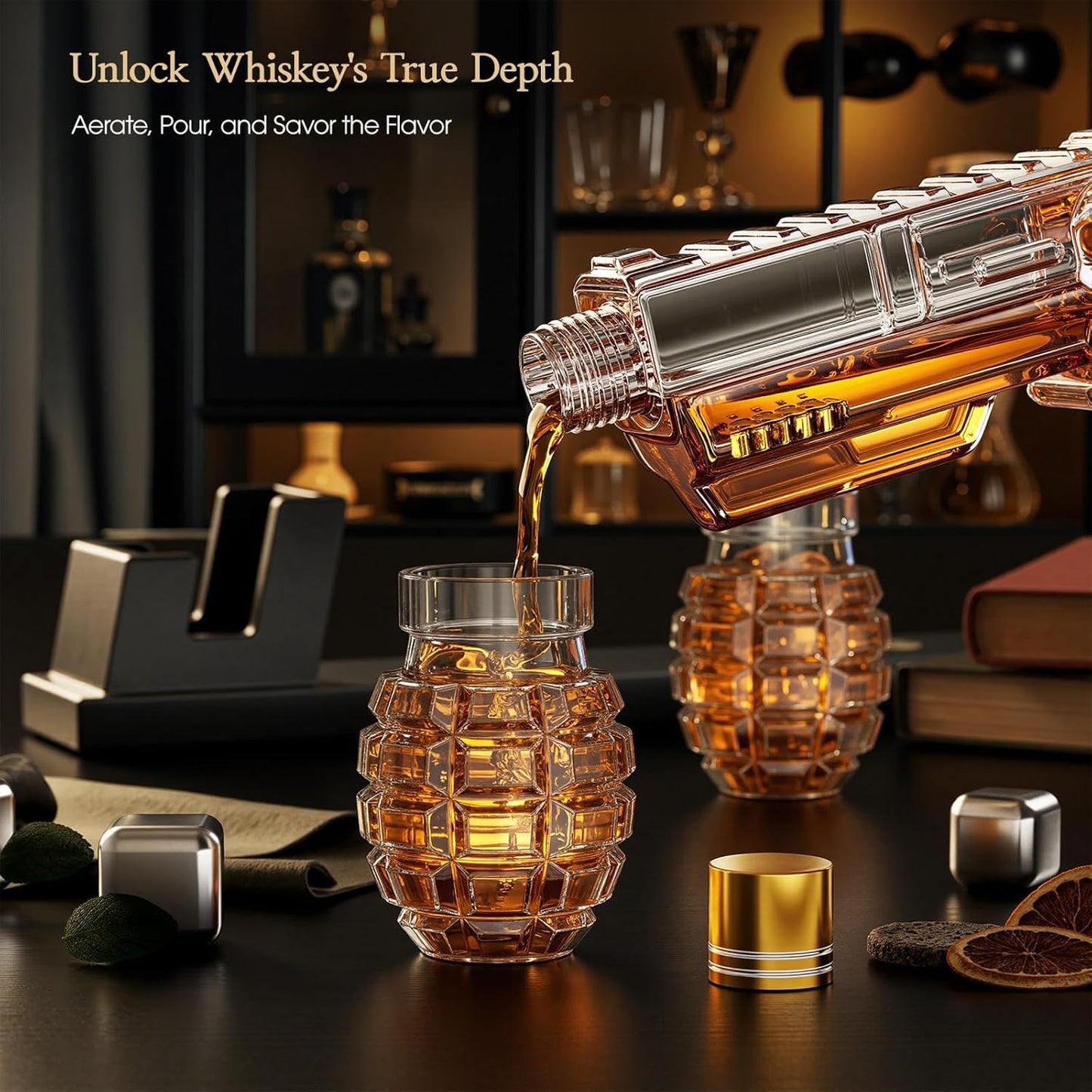 Kollea Whiskey Decanter Set with Grenade-Shaped Shot Glasses, Anniversary Birthday Gifts for Men Who Have Everything, Whiskey Gifts for Father, Husband, Boyfriend & Military Enthusiasts, Fathers Day