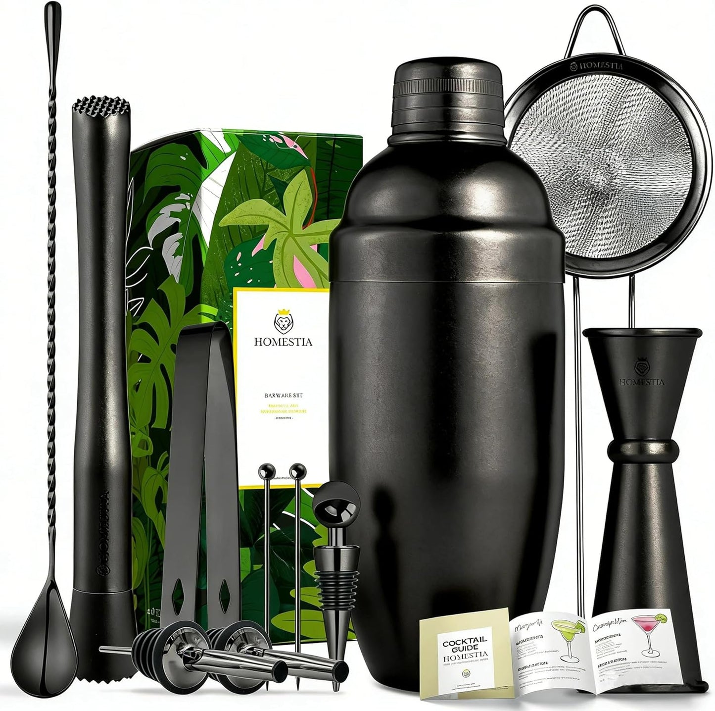 Homestia Black Cocktail Shaker Set, 11-Piece Stainless Steel Bartender Kit with Weighted Shaker, Strainer, Jigger, Muddlers - Professional Mixology Bar Tools