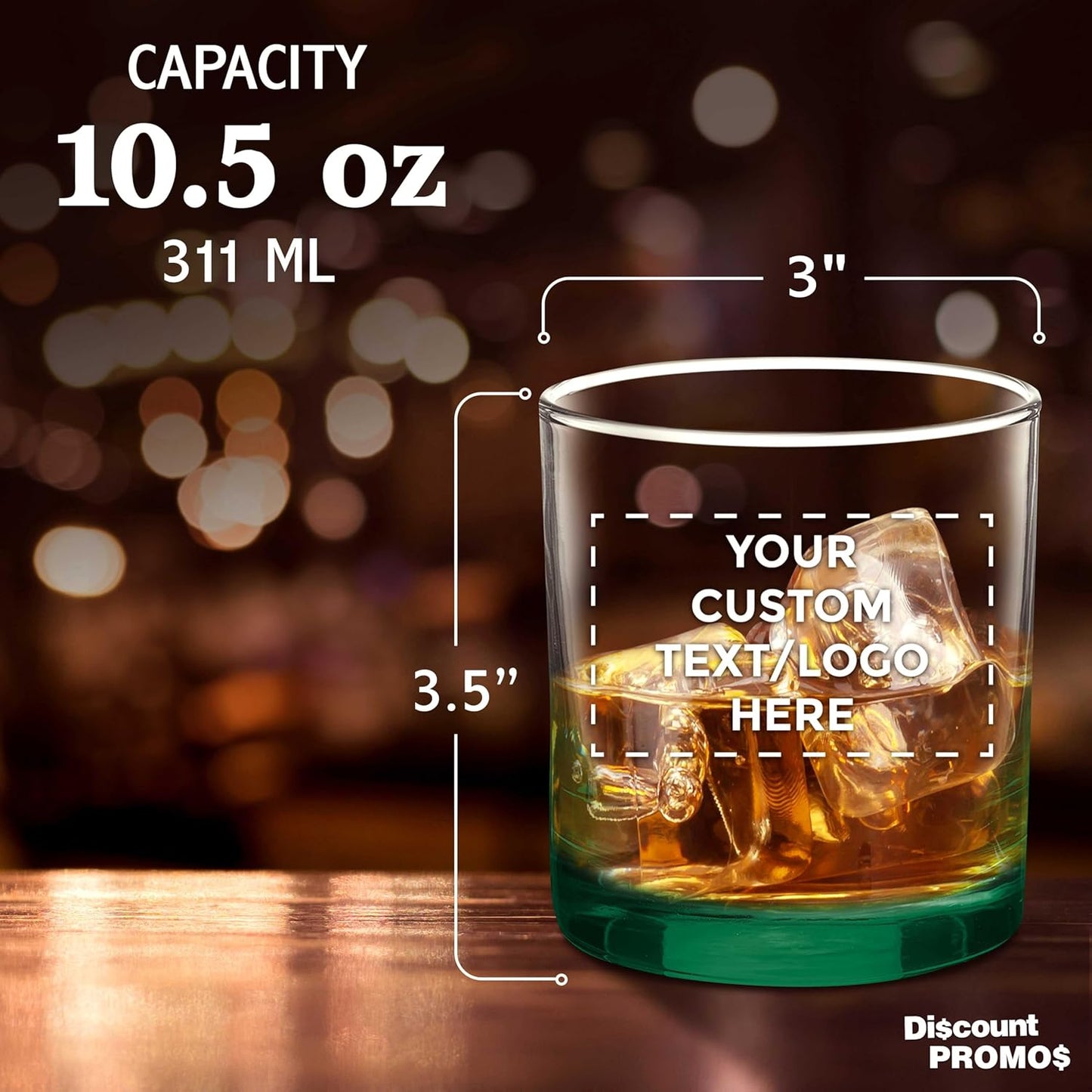 Custom Lexington Rocks Whiskey Glass 10.5 oz Set of 12/48/96, Personalized Bulk Pack Perfect for Scotch Bourbon Whiskey Cocktail - Green