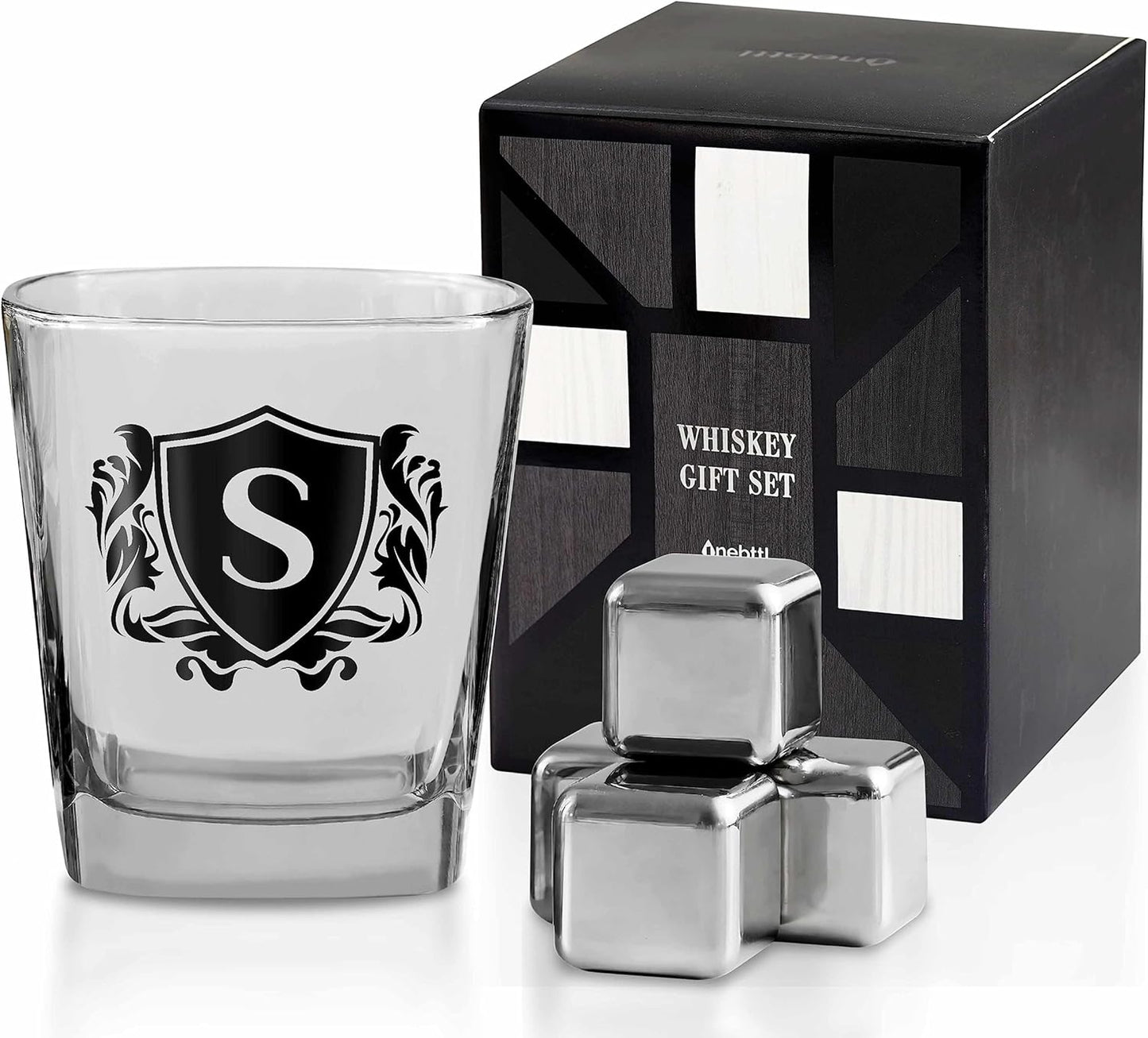 Whisky Gifts for Men, Personalized Initial Whiskey Glass with Whiskey Stones for Dad, Boyfriend, Best Friends, Coworkers, Husband, Brother, Uncle and Boss on Father's Day, Boss Day and Birthday - S
