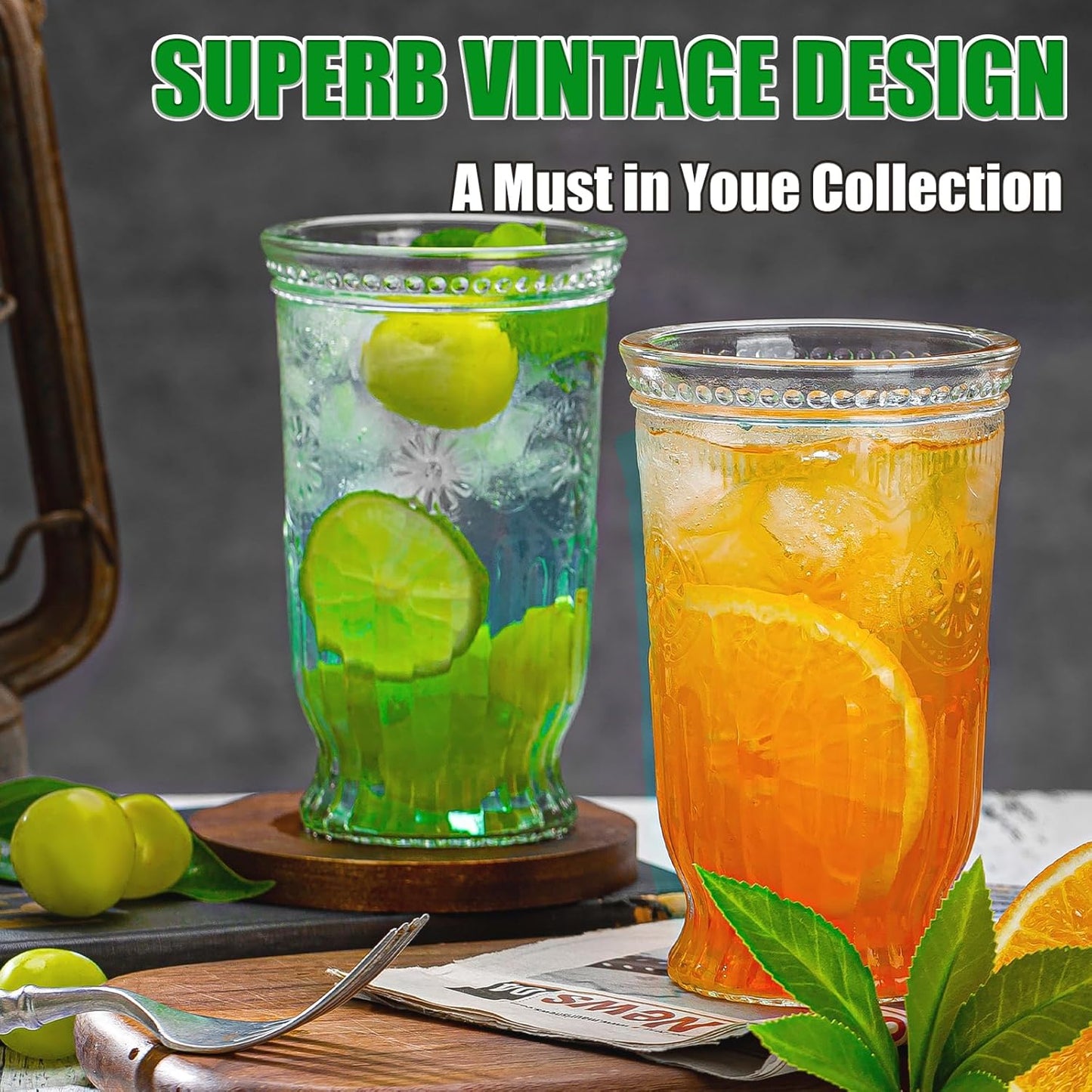 Drinking Glasses, 12 pcs Embossed Designed Highball Glasses, 16oz Glass Cups, Tall Water Tumbler, Ribbed Glassware Set, Mojito Cups, Cocktail Glass, Vintage Glassware Set