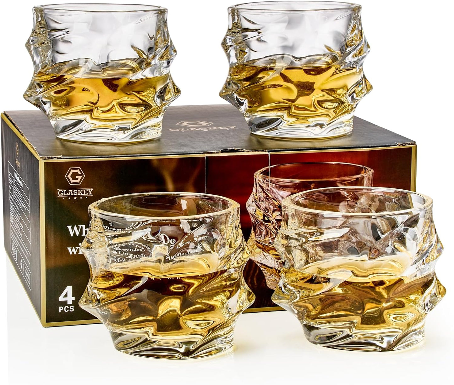 GLASKEY 12 oz Storm Japanese Whiskey Glasses Set of 4, Unique Cognac Glass, Heavy Thick Bottom Bar Glass for Scotch Bourbon Rum Gin Water Cocktail,Gifts Men Gifts Ideas