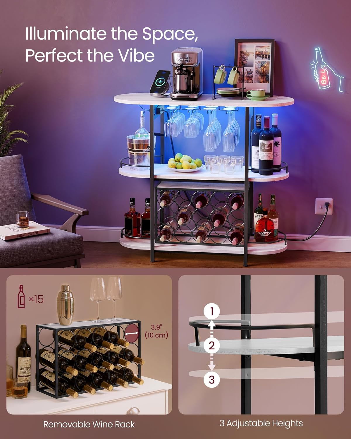 VASAGLE Bar Cabinet with LED Lights and Power Outlets, Freestanding Coffee Bar Wine Cabinet, Wine Rack, Glass Holder, Mini Bar for Liquor and Glasses, Kitchen, Dining Room, Rustic White ULWR007W01S