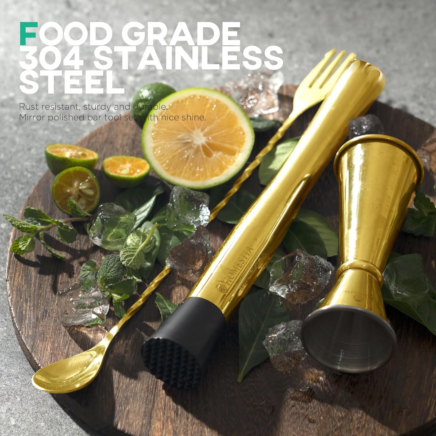 Homestia Muddler for Cocktails Set, 304 Stainless Steel 10" Bar Muddler &12" Cocktail Spoon & Double Jigger, 3 PCS Cocktail Set for Margaritas, Mojitos and Fruit Drinks Bar Tool Set (Gold)