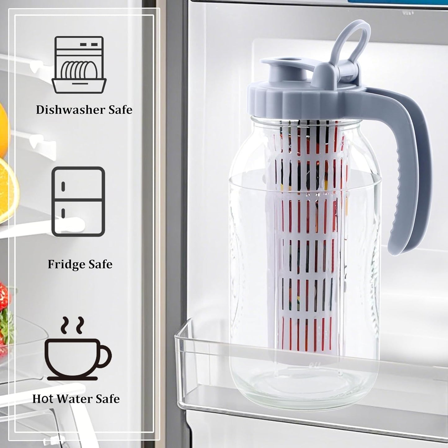 Mason Jar Pitcher With Fruit Infuser 2 Quart Water Pitcher With Pour Spout Lid 64 OZ Wide Mouth Glass Carafe Airtight For Milk, Fruit Infused Water, Iced Tea, Lemonade, Cocktail, Cold Brew Coffee