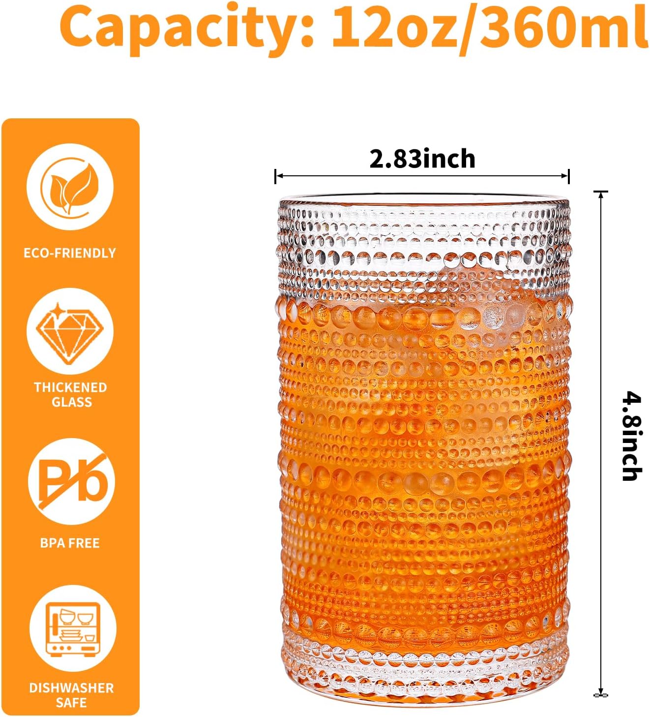 Hobnail Drinking Glasses Set of 4, 12 Oz Vintage Style Tumblers – Thick Durable Glass, Smooth Interior, Dishwasher Safe for Water, Juice, Wine, Whiskey