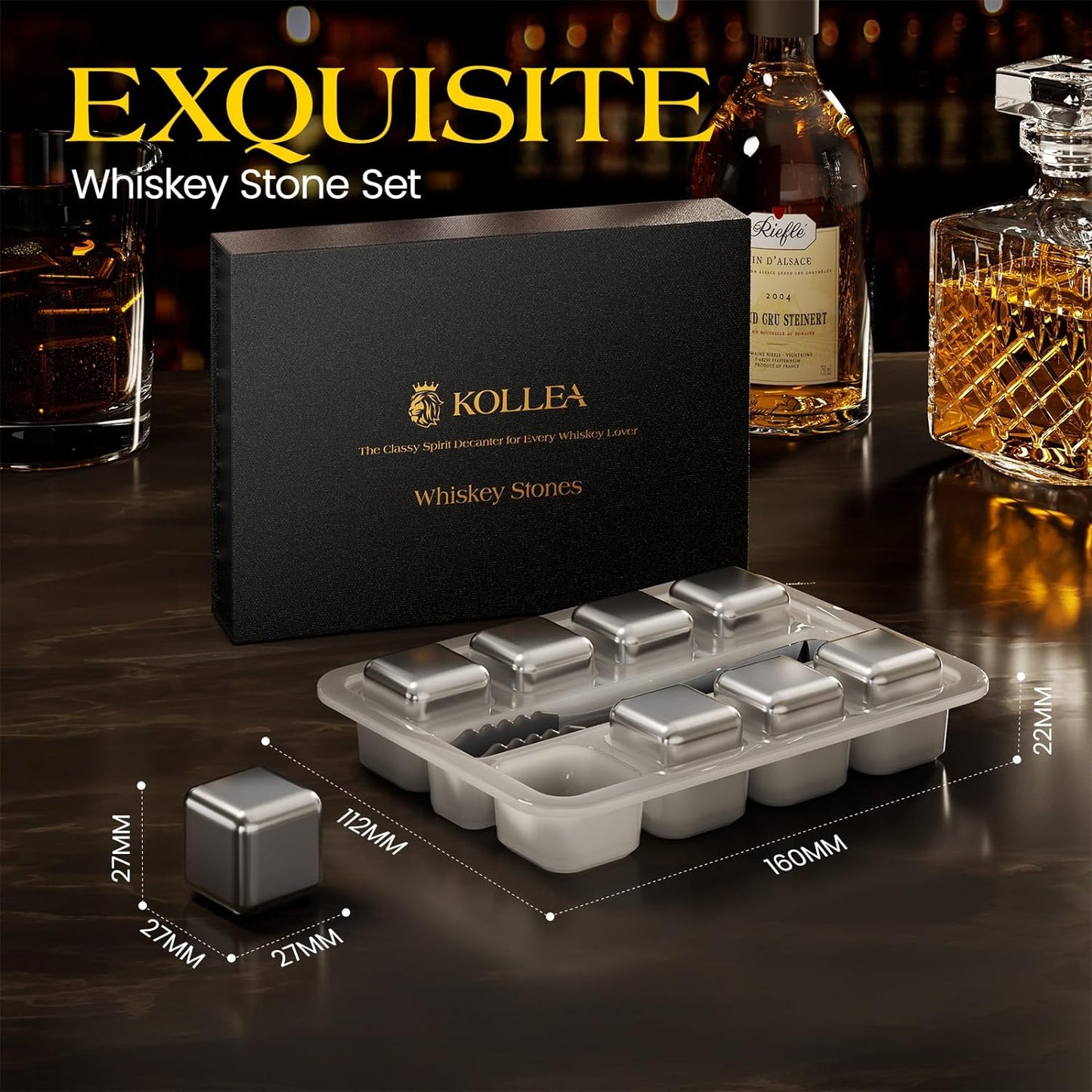 Kollea Whiskey Stones, 8 Packs Stainless Steel Whiskey Chilling Rocks, Reusable Ice Cube for Drinking, Cool Birthday Gift for Men Dad, Boyfriend, Beer Lover, Bourbon, Scotch, Gin, Beverage, New Year