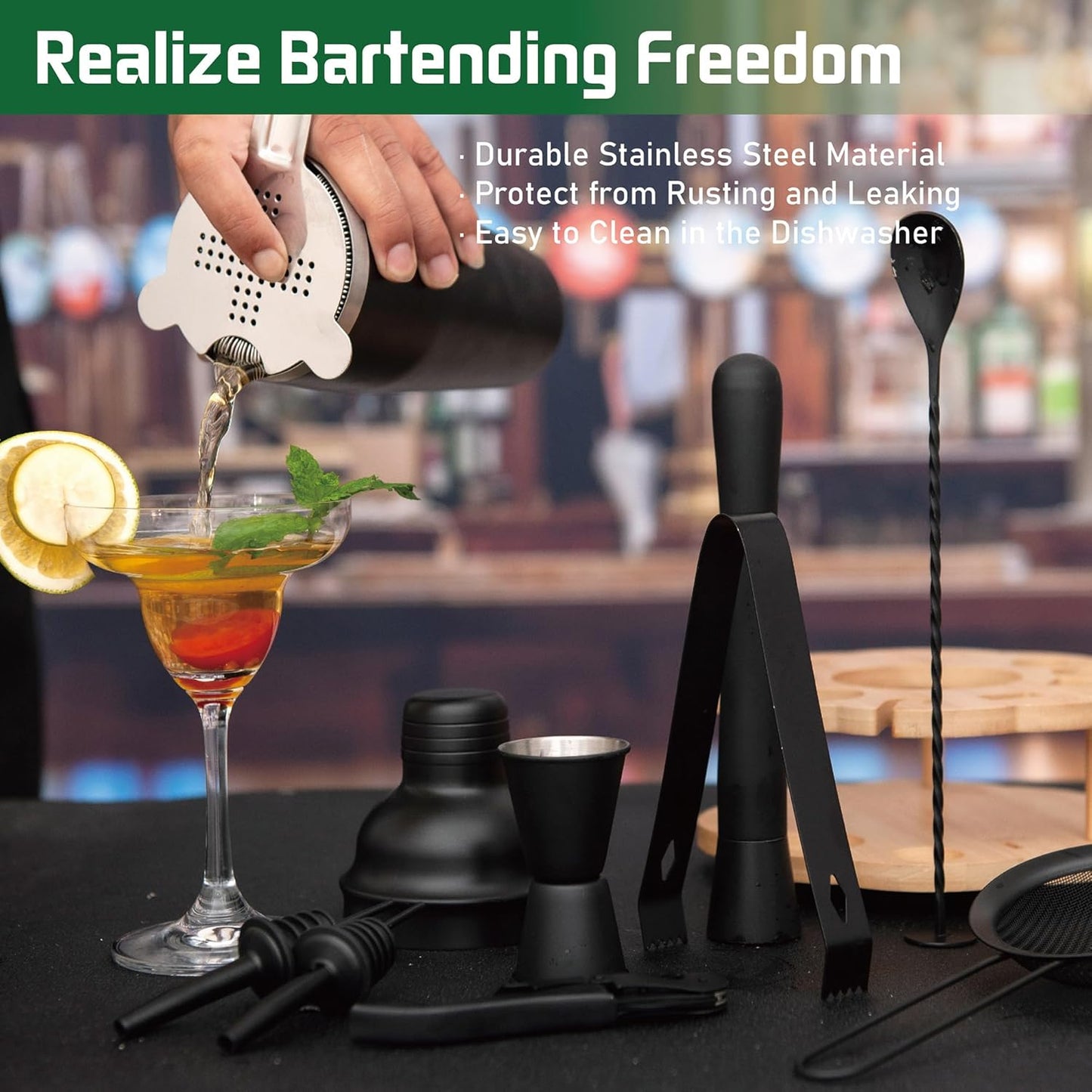 Cocktail Shaker Set Bartender Kit with Rotatble Bamboo Stand,11 Piece Bar Set Stainless Steel Bar Accessories for Drink Mixing, Bar, Home, Party (Frosted Black)