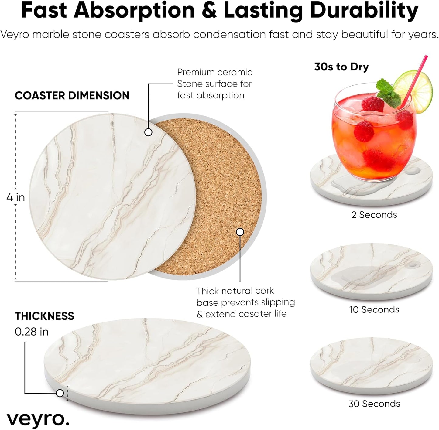 VEYRO Ceramic Coasters Set of 6 – Absorbent Stone Drink Coasters with Holder, Non-Slip Cork Backing, Modern Marble Look Coasters for Coffee Table, Desk & Home Decor
