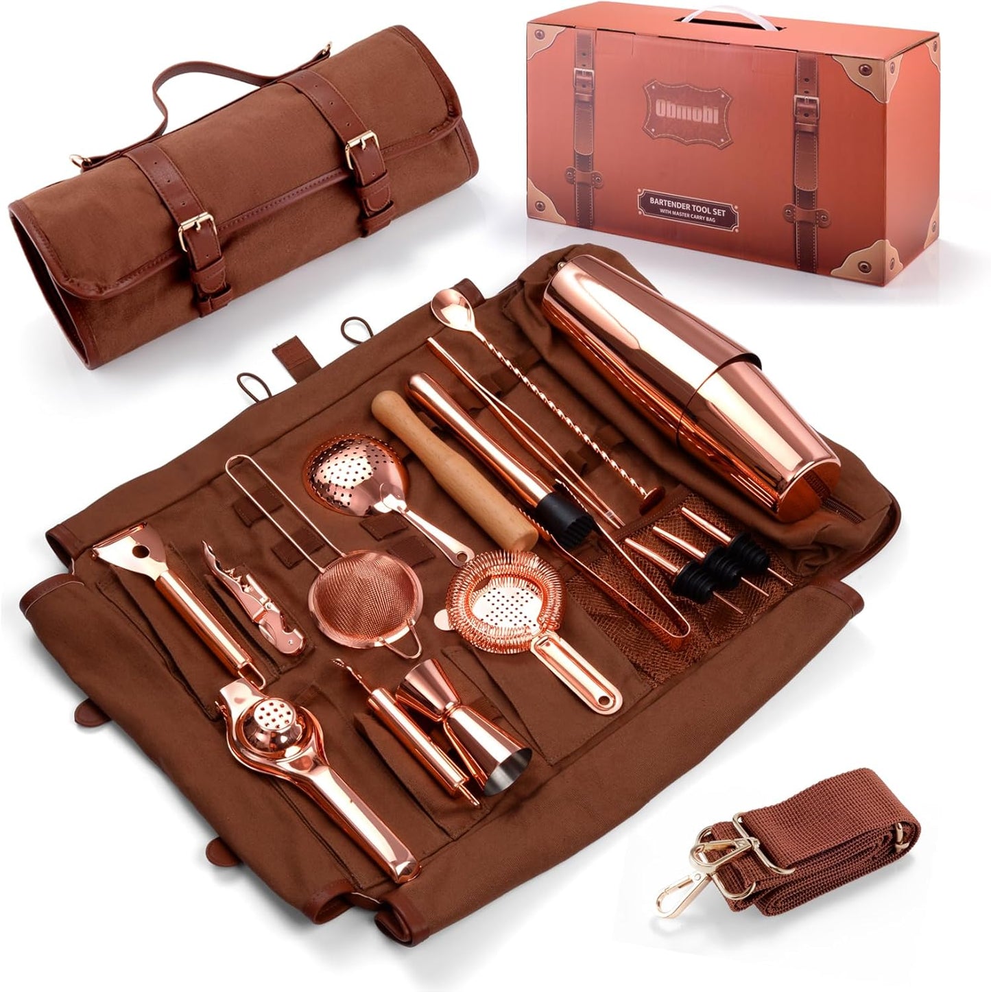 Bartender Kit Bag, 17-Piece Copper Bar Tool Set Cocktail Shaker Set with All Practical Bar Accessories, Portable Travel Cocktail Set with Shoulder Strap for Bartenders, Parties, Camping Trips