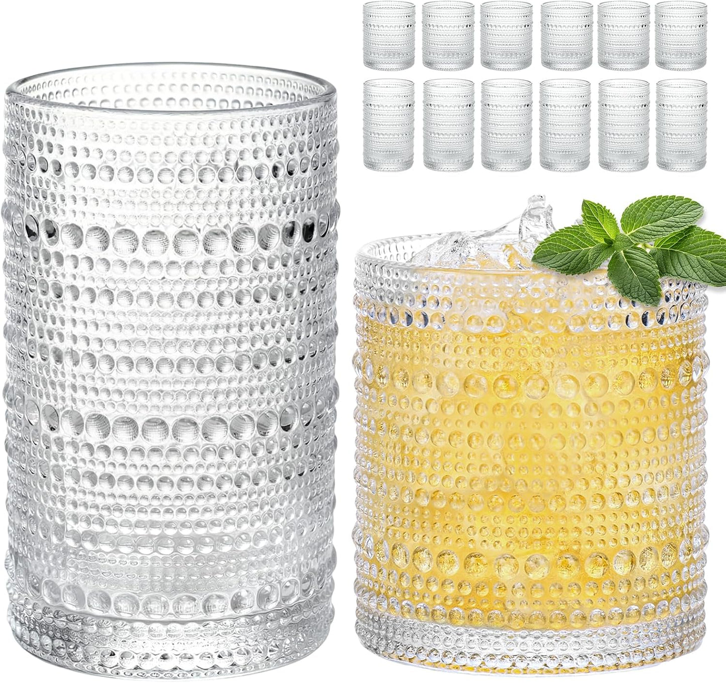 Moretoes Hobnail Drinking Glasses Set of 12, Vintage 15 Oz Highball Glasses & 10 Oz Cocktail Glasses, Clear Embossed Boho Glass Cups Kitchen Bar Tumbler Glassware Set for Whiskey, Beer, Juice, Milk