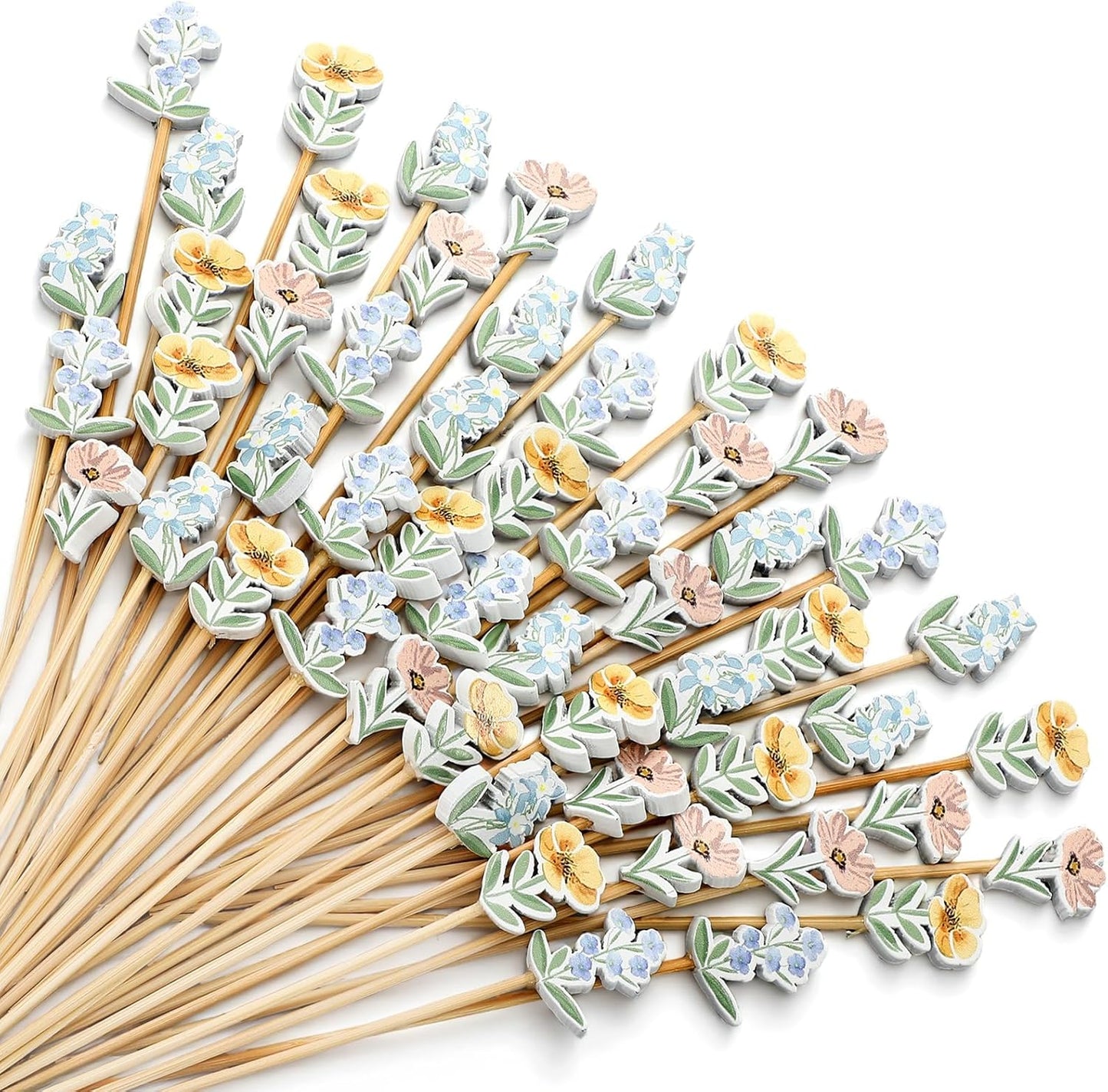 Bokon 200 Pcs Wildflower Cocktail Picks Long Spring Flower Bamboo Toothpicks Wildflower Party Supplies Drink Fruit Appetizers Decoration Skewer Stick for Baby Showe Shower Wedding Valentines Supplies