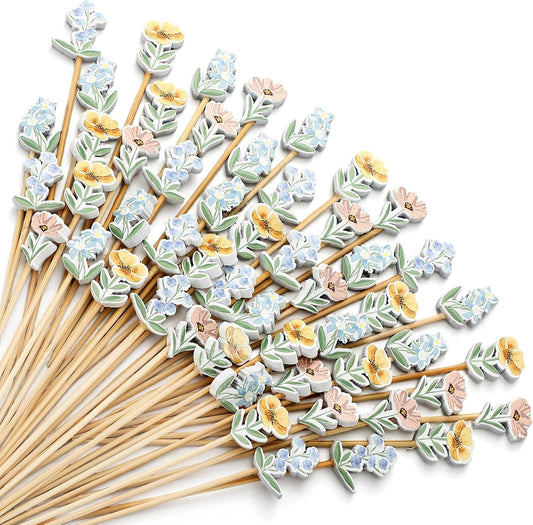 Bokon 200 Pcs Wildflower Cocktail Picks Long Spring Flower Bamboo Toothpicks Wildflower Party Supplies Drink Fruit Appetizers Decoration Skewer Stick for Baby Showe Shower Wedding Valentines Supplies