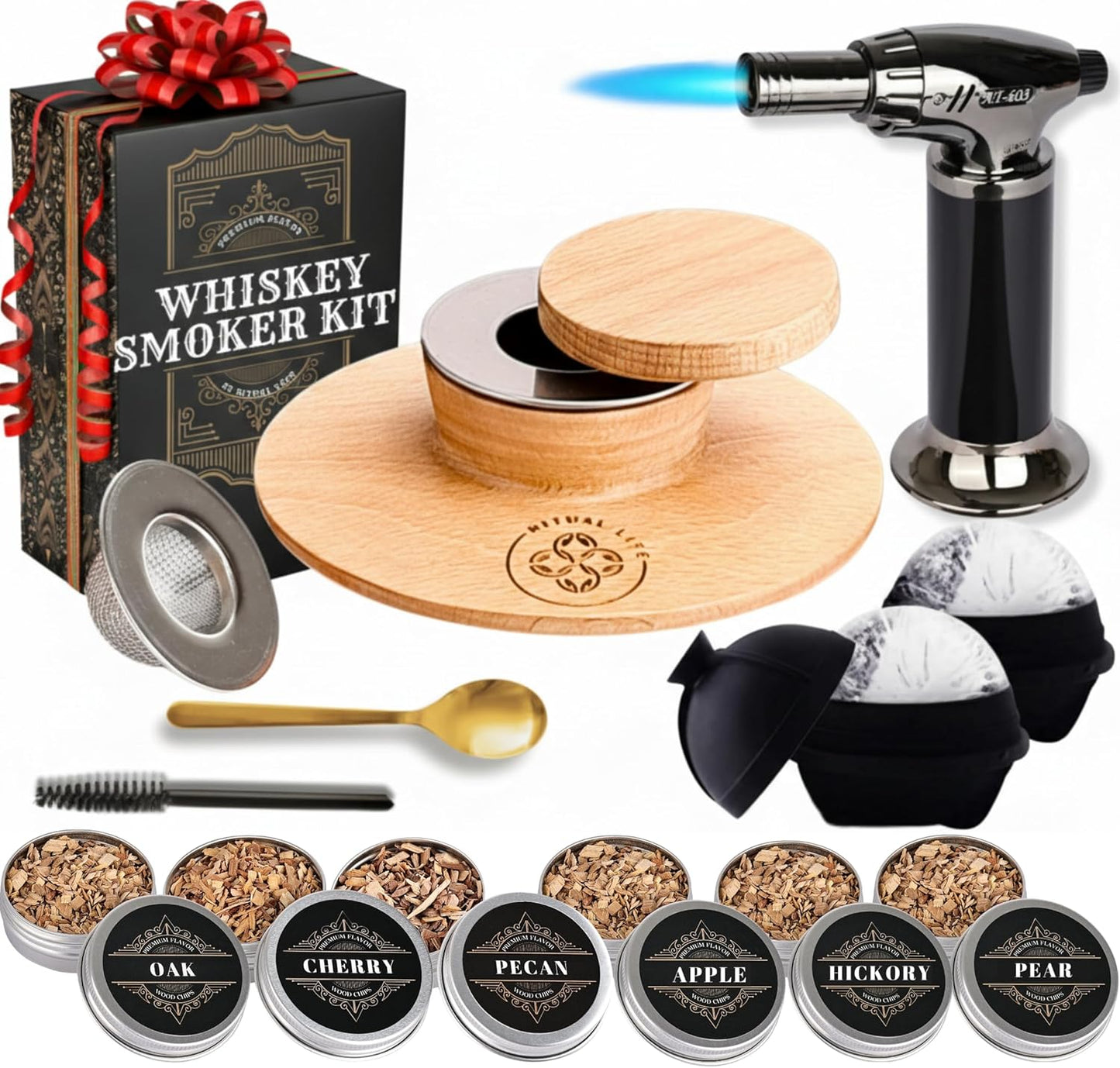 Cocktail Smoker Kit - Whiskey Bourbon Drink Smoker with Torch, Custom Top, 2 Ice Ball Makers, 6 Flavors Wood Chips, Extra Filter - Smokers for Whiskey Drinks - Cocktail Drink Smoking Kit