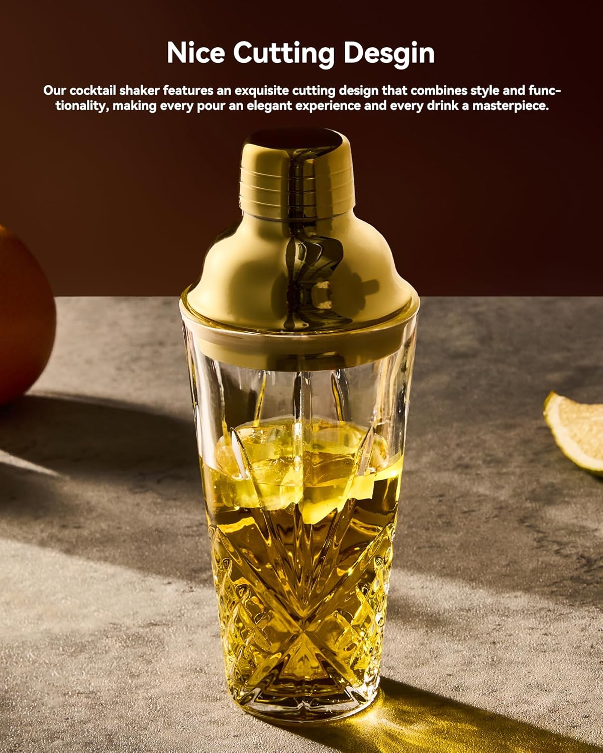 15oz Gold Lid Crystal Cocktail Shaker, Lead-Free Glass with #304 Steel Strainer, Leak-Proof Barware for Home Bartenders