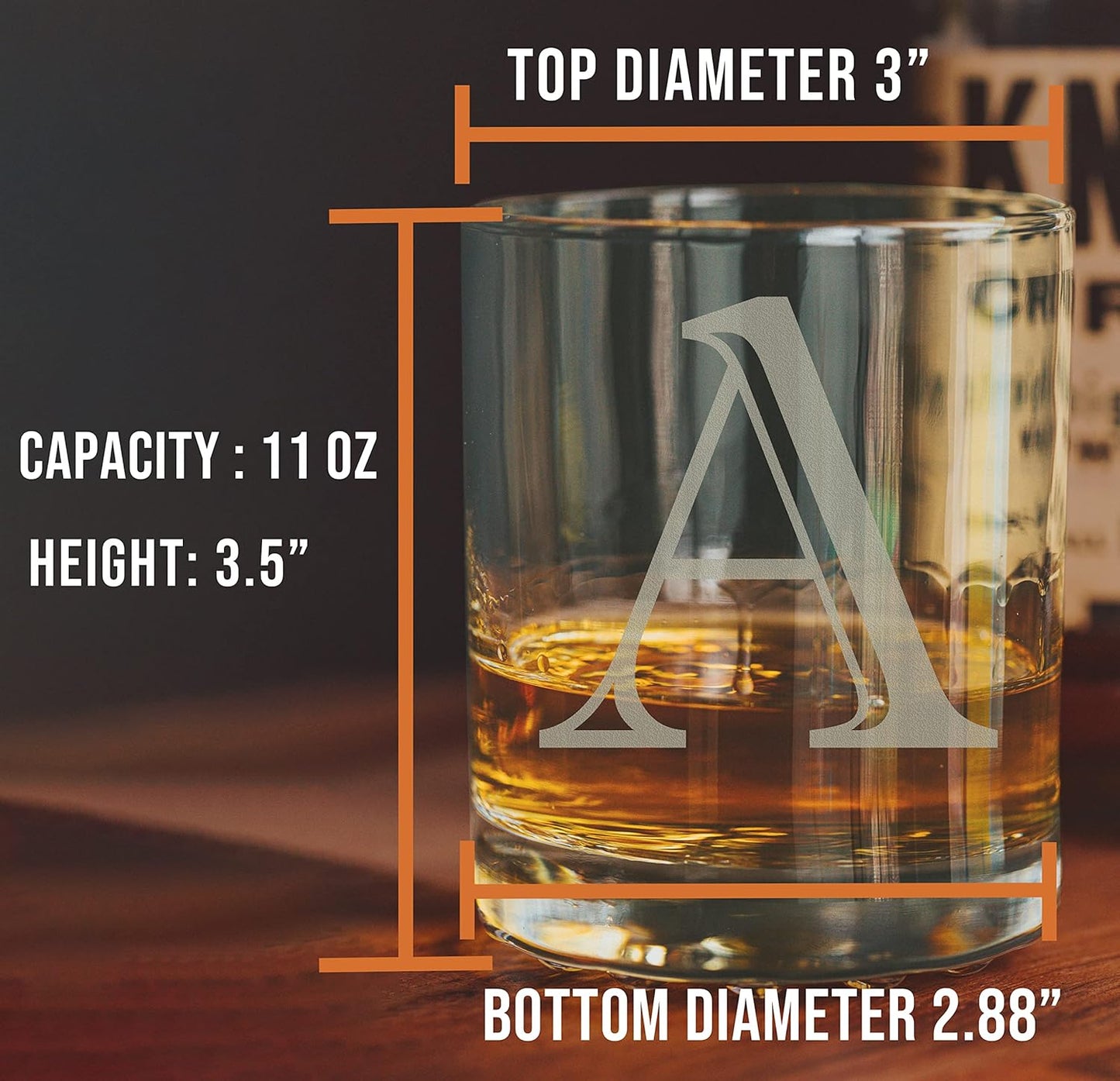 Etched Monogram 11oz Whiskey Rocks Glass (Letter A), A-Z Customized Bourbon Gifts for Men, Father’s Day, Personalized Old Fashioned Scotch Glass, Custom Engraved Gifts for Him, Initial, Name