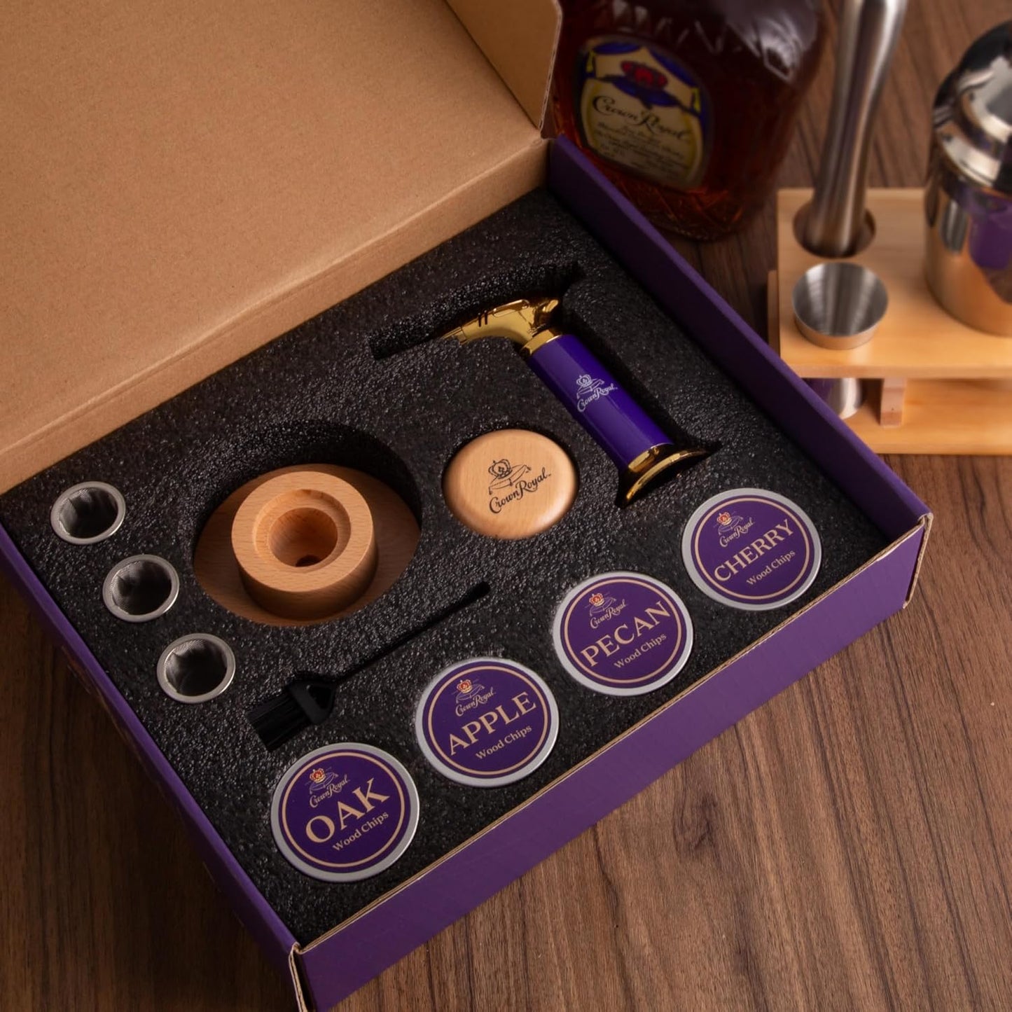 Crown Royal Cocktail Smoking Kit – Premium 10-Piece Whiskey Smoker Set with Butane Torch, Wood Chips (Oak, Apple, Cherry, Pecan), Mesh Burn Cups & Wooden Lid – Gift Set for Whiskey & Bourbon Lovers