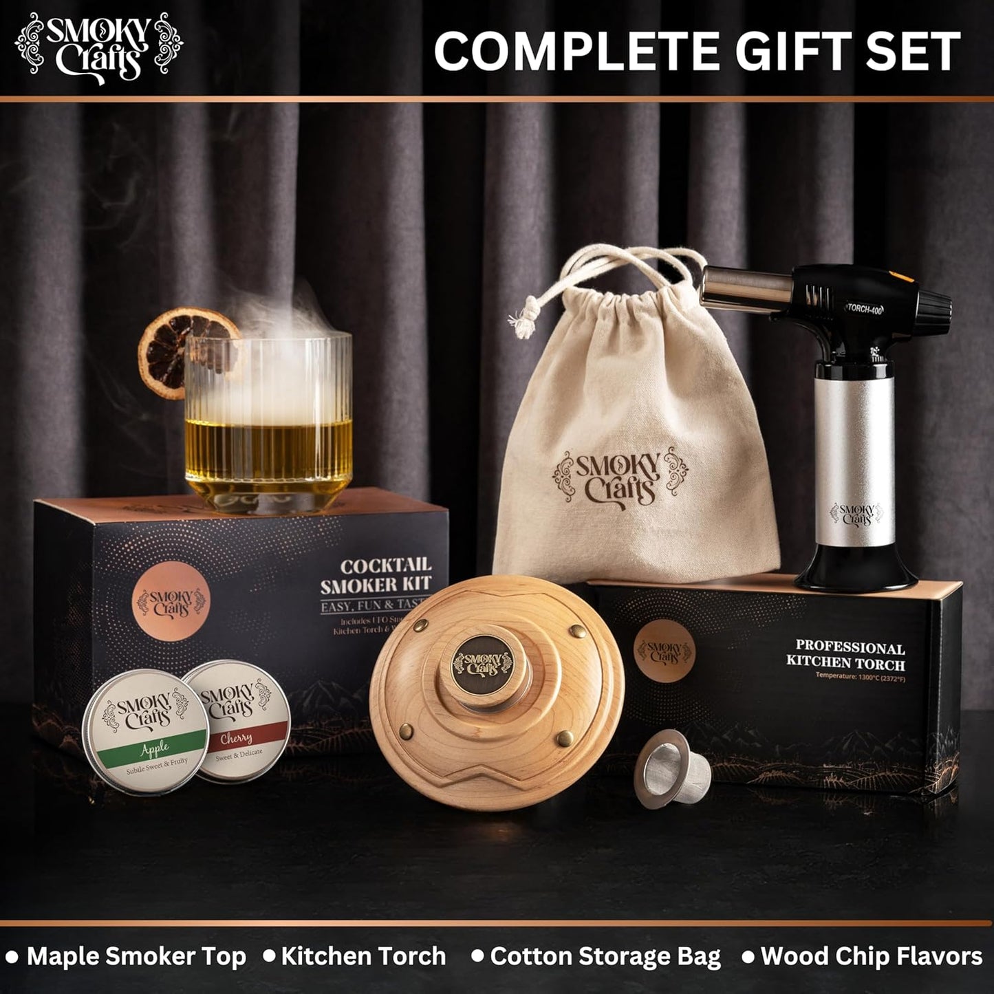 Smoky Crafts Cocktail Smoker Kit with Torch - Whiskey Smoker Kit comes with UFO-Shaped Smoke Infuser, Culinary Torch, Cotton Bag and Wood Chips (Apple & Cherry) - Gifts for Men (Without Butane)