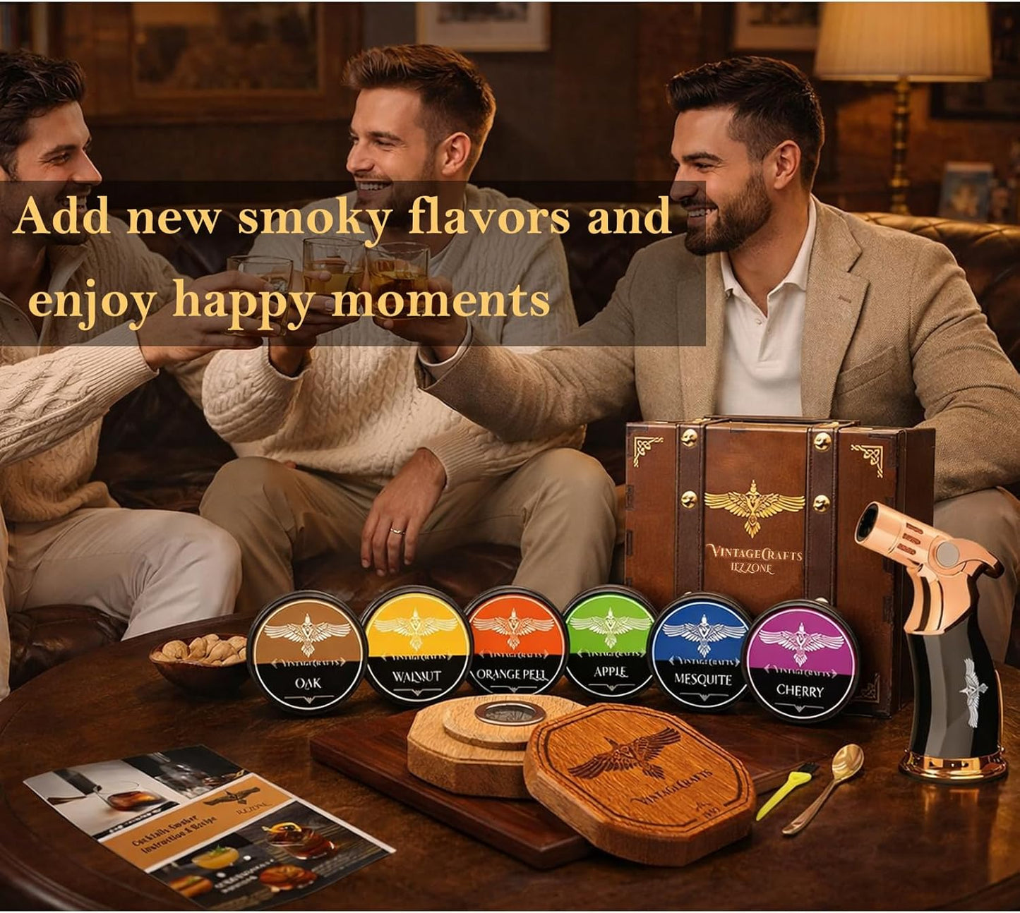 Whiskey Smoker Kit with Torch, Drinks| Cocktail Smoker Kit| Bourbon Smoker Kit with Torch,6 Flavor of Wood Chips,Old Fashioned Smoker Kit,Smoked Whisky Gift for Father's Day (No Butane Incl.)
